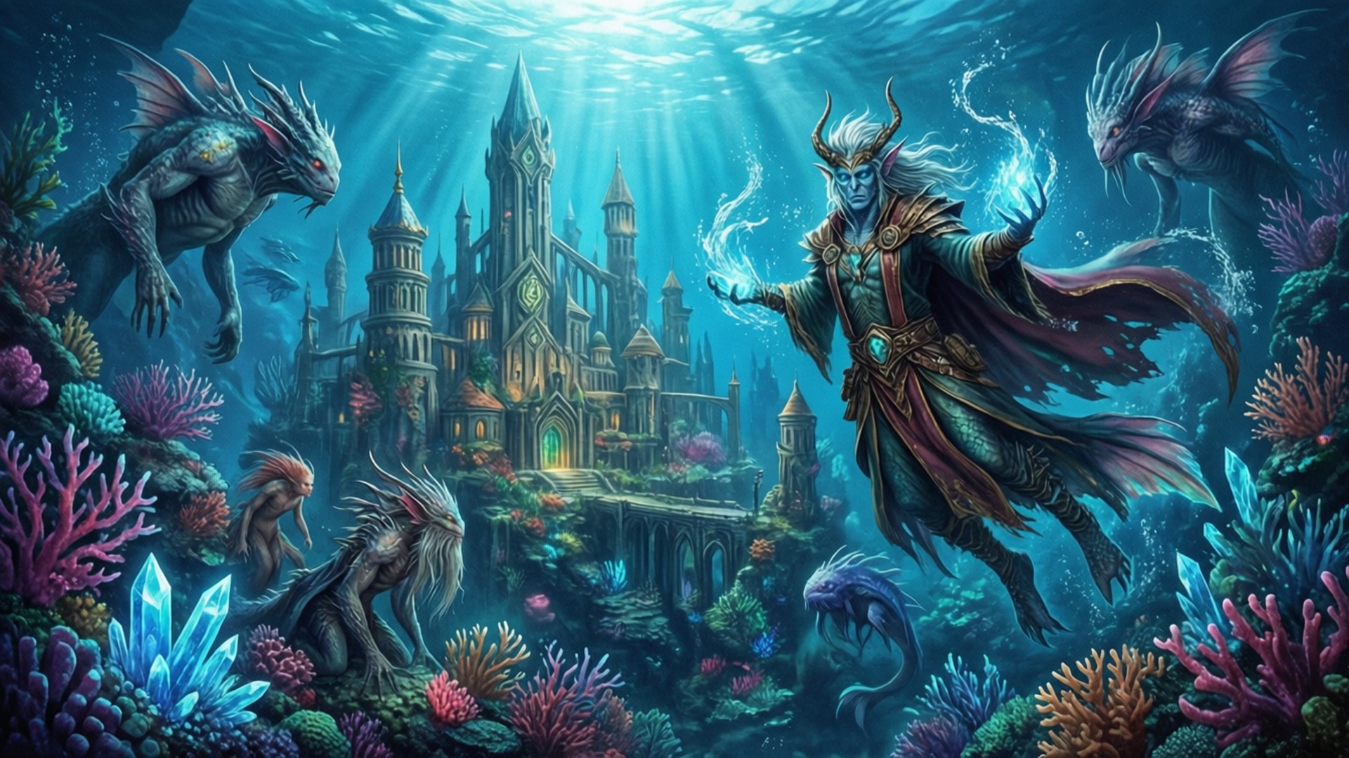 Aquatic Kingdom 壁紙 — 一座宏偉的水下幻想城堡，周圍環繞著充滿活力的珊瑚礁和發光的水晶，一位藍皮膚的巫師正在施展魔法，而海龍在附近翱翔。