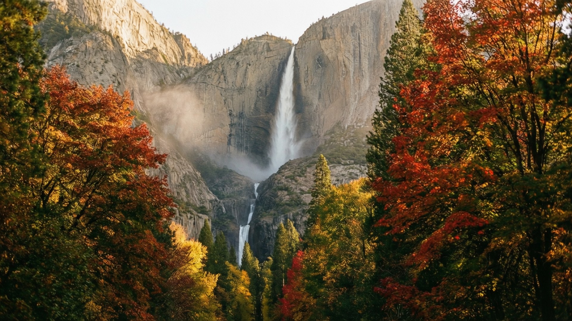 Autumn Bridalveil Fall 壁紙 — 雄偉的瀑布從花崗岩懸崖傾瀉而下，周圍環繞著色彩繽紛的秋樹，樹葉有紅色、橙色和金色。