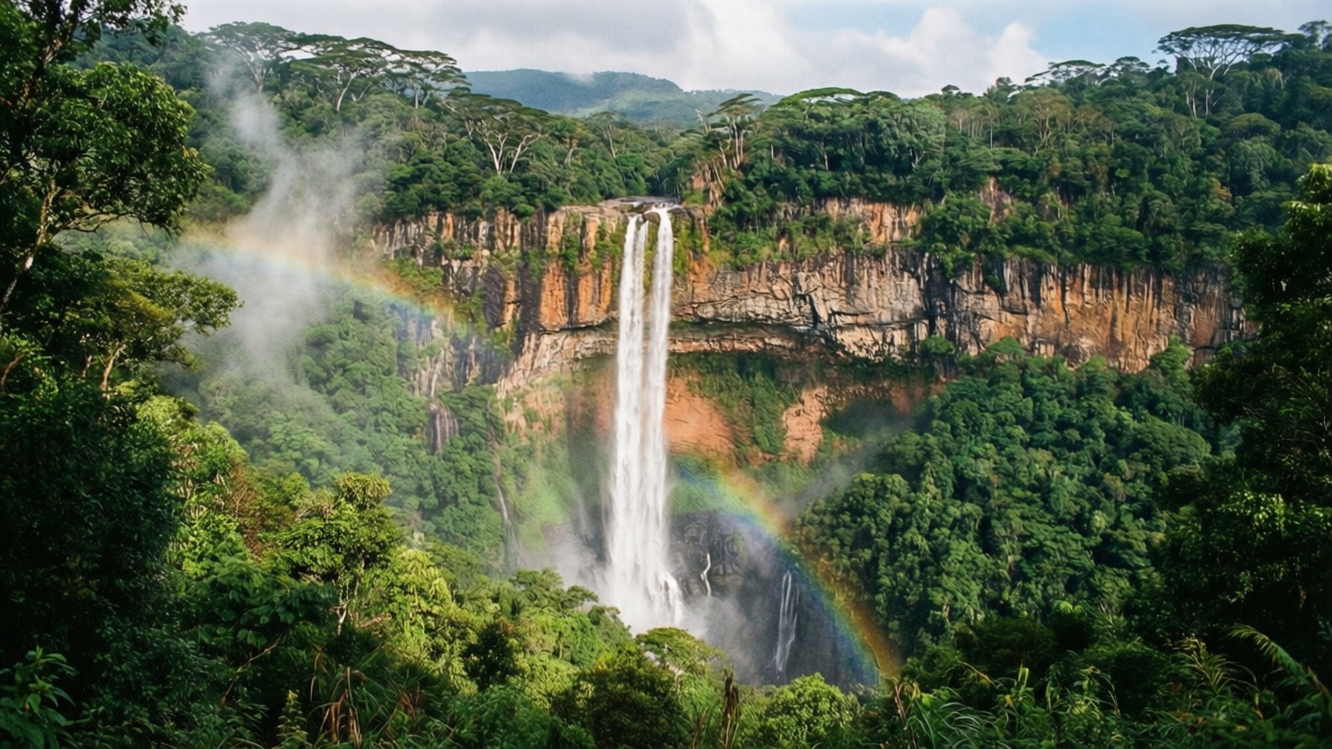 Ravana Falls Rainbow 壁紙 — 雄偉的瀑布從崎嶇的懸崖傾瀉而下，流入茂密的綠色叢林，一道鮮豔的彩虹在薄霧中拱起。