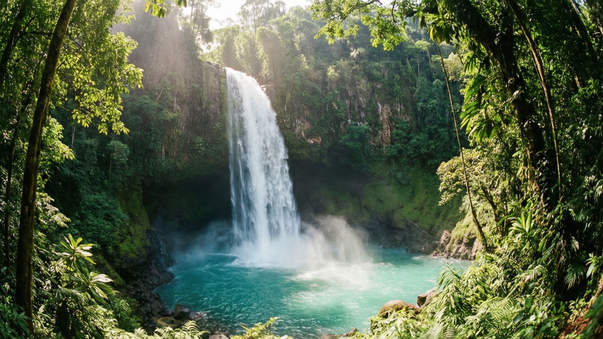 Tropical Cascade Paradise 壁紙 — 一個雄偉的瀑布傾瀉而下，流入一個被茂密綠色叢林包圍的碧綠水池，陽光穿過樹冠灑落。