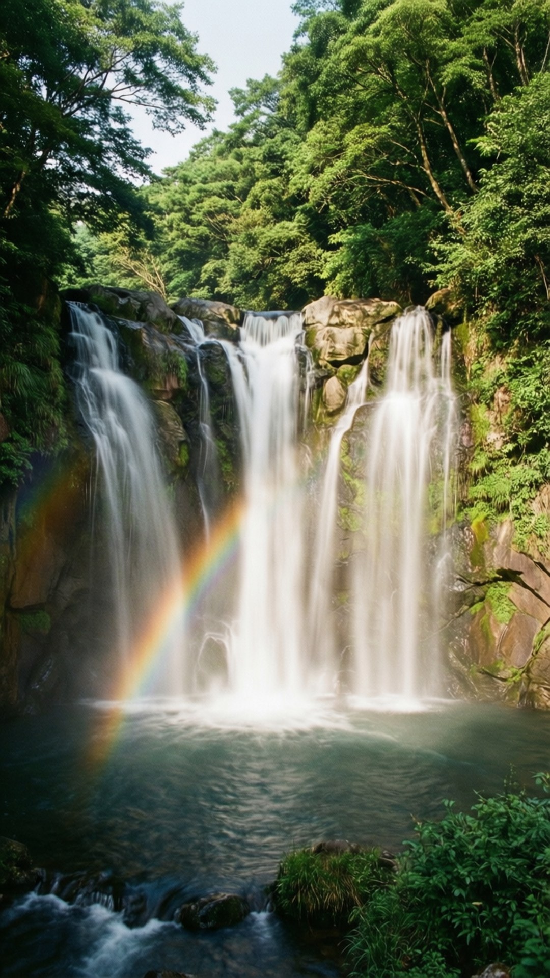 Cheonjeyeon Falls 壁紙 — 雄偉的瀑布穿過茂密的綠色森林，在下方平靜的水池上形成一道鮮豔的彩虹。