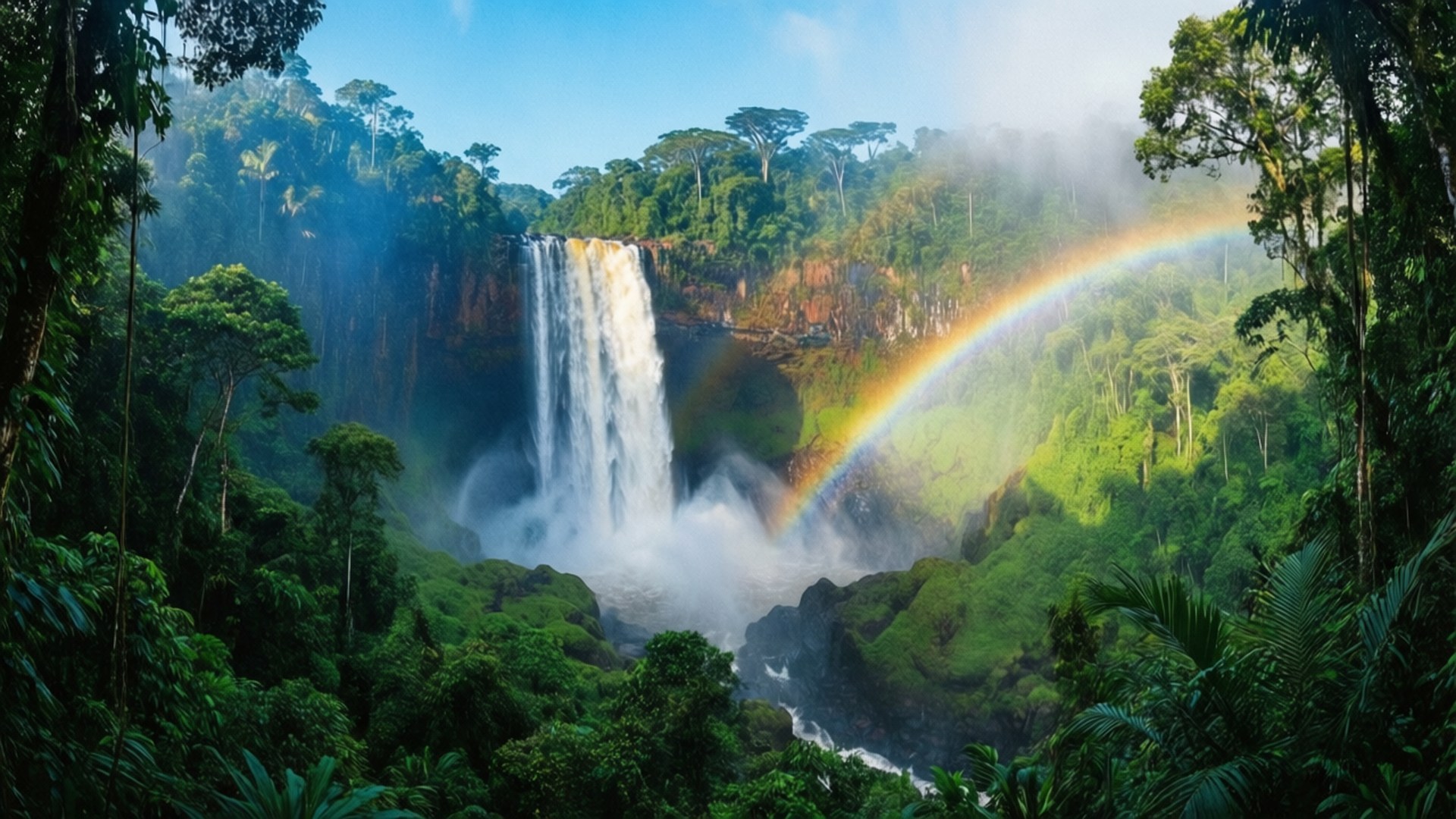 Tropical Waterfall Rainbow 壁紙 — 雄偉的瀑布穿過茂密的綠色叢林，一道鮮豔的彩虹橫跨在霧氣繚繞的岩石上。