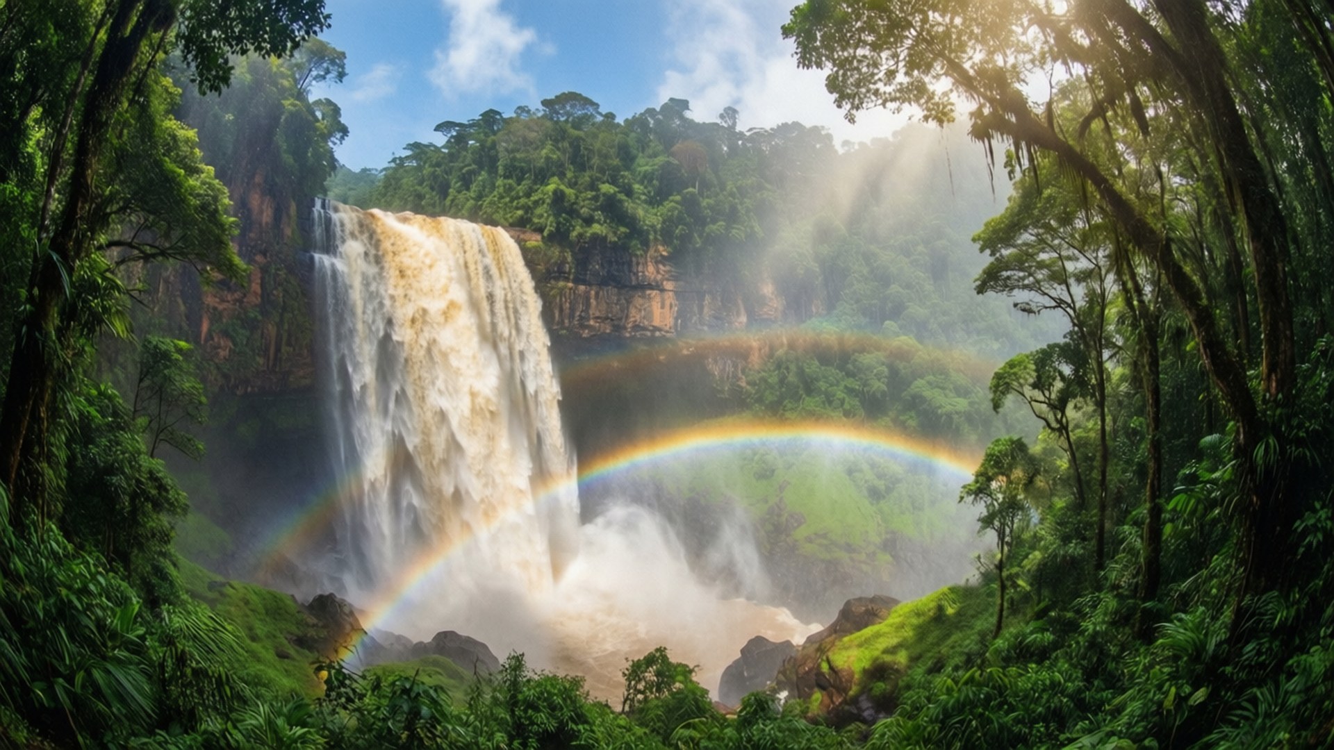 Rainbow Falls 壁紙 — 雄偉的瀑布穿過茂密的綠色叢林，在明亮的藍天下，一道鮮豔的彩虹橫跨在霧氣騰騰的水霧之上。