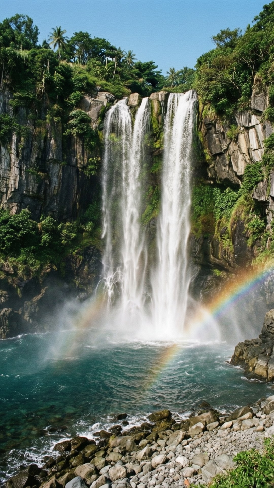 Jeongbang Ocean Falls 壁紙 — 雄偉的瀑布傾瀉而下，落入下方的碧綠水池，在晴朗的藍天下，翠綠的懸崖上形成鮮明的雙彩虹。