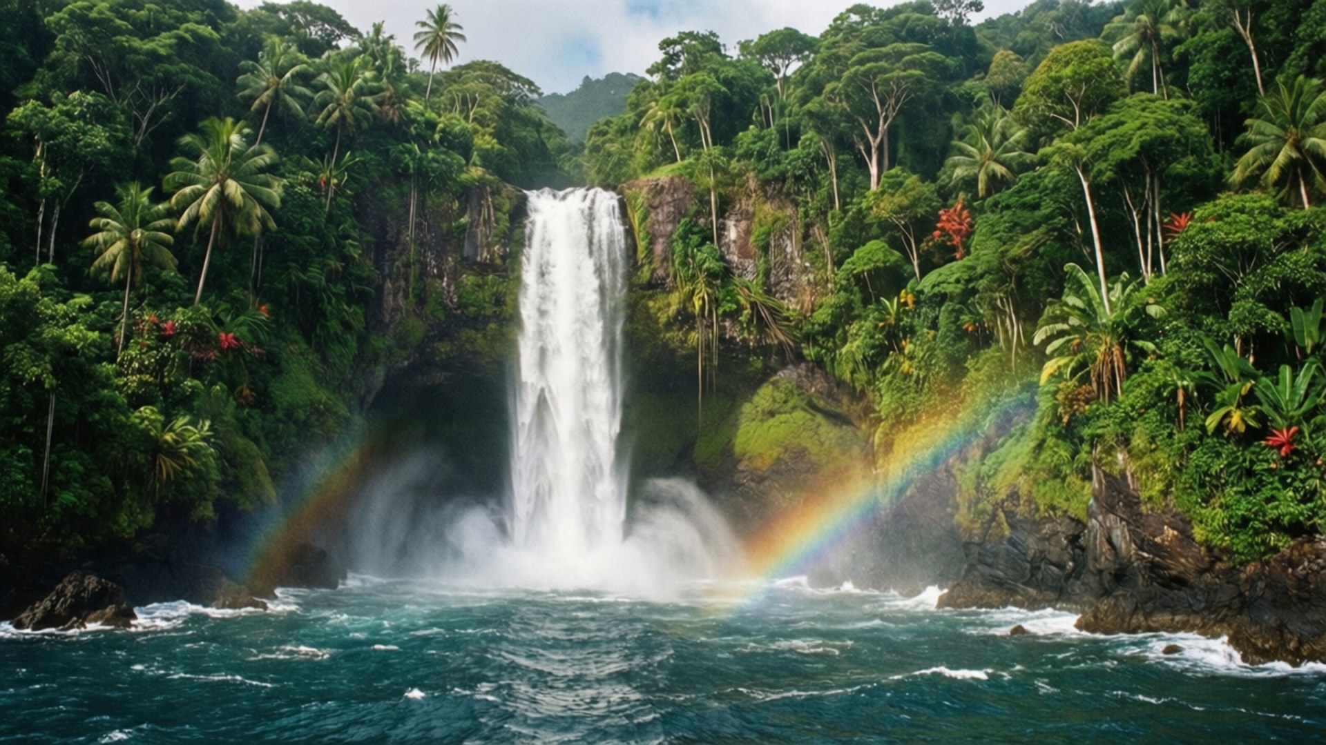Tropical Waterfall Island 壁紙 — 雄偉的瀑布衝入碧綠色的水中，下方是茂密的綠色叢林樹冠，一道鮮豔的彩虹橫跨薄霧。