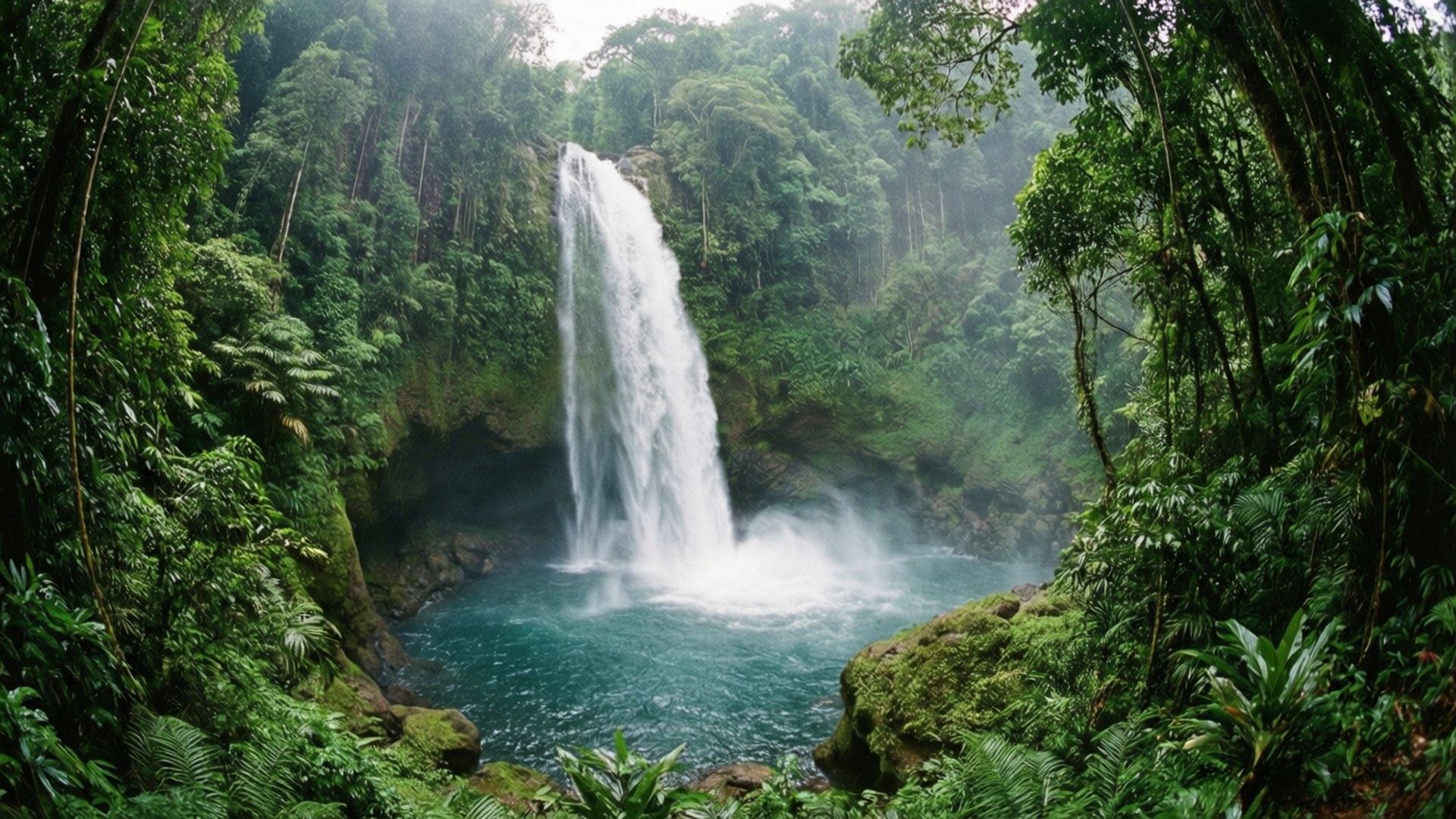 Ngardmau Waterfall Jungle 壁紙 — 雄偉的瀑布傾瀉入一個被茂密綠色叢林葉片環繞的碧綠水池。
