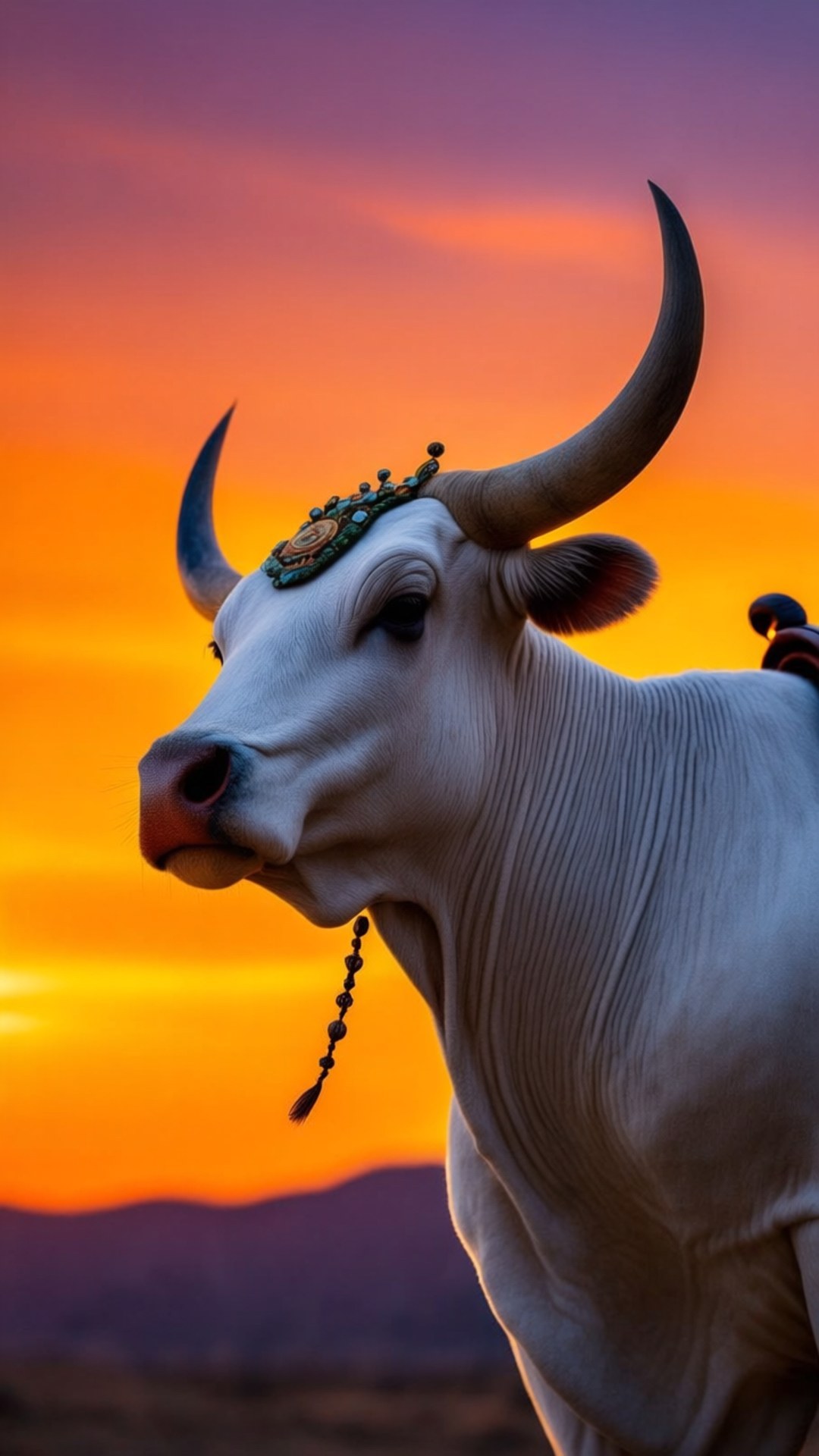 Ceremonial White Ox 壁紙 — 一頭雄偉的白牛，戴著華麗的頭飾，在火紅的橙色和紫色日落中形成剪影。