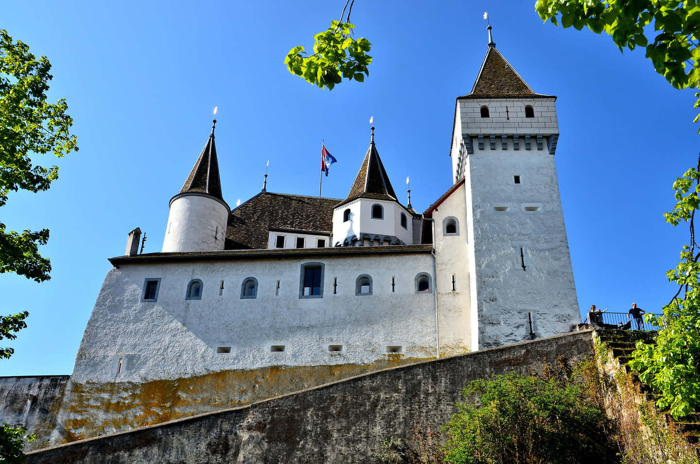 Nyon Switzerland 桌布 壁紙 — 一座雄偉的白色城堡，擁有圓錐形塔樓，矗立在石牆上，在晴朗的藍天下，周圍環繞著茂密的綠葉。