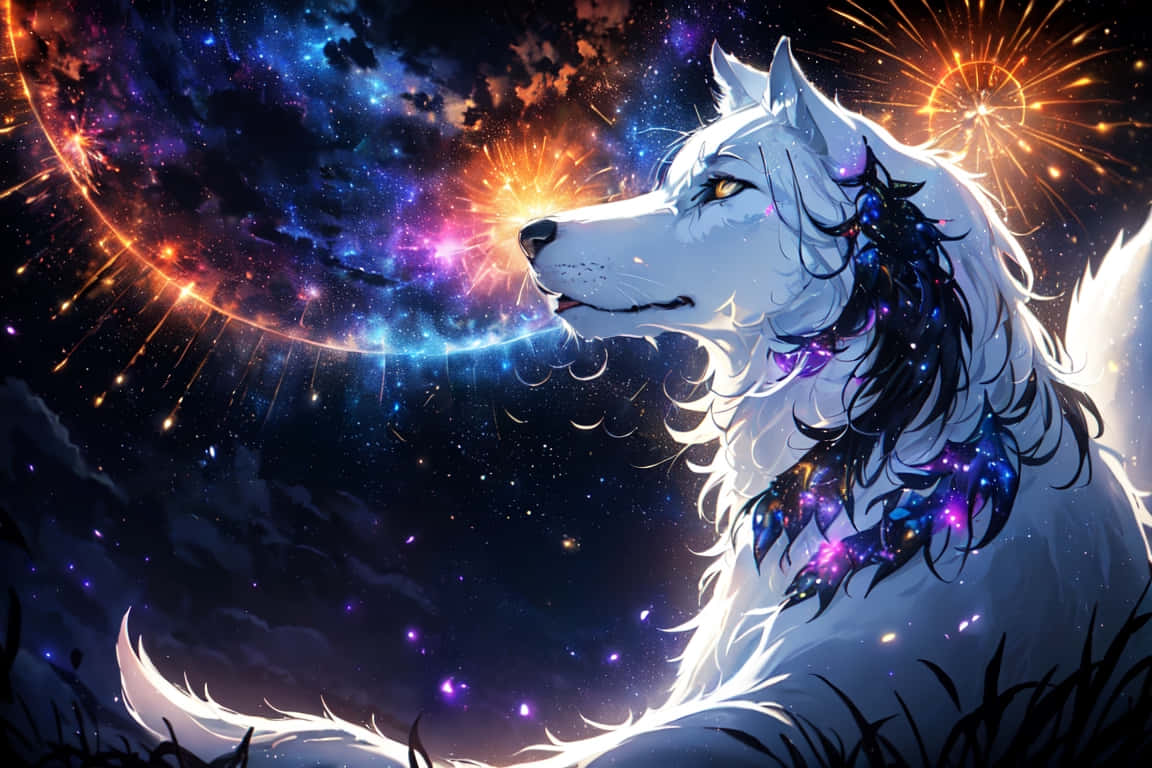  壁紙 — 一隻擁有銀河圖案毛皮的雄偉白狼，凝視著充滿星星和煙火的生動宇宙天空。