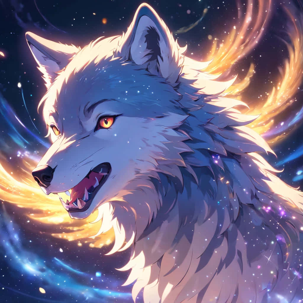  壁紙 — 一隻雄偉的白狼，擁有發光的琥珀色眼睛，對著由金色、藍色和紫色星星組成的旋轉宇宙星雲咆哮。