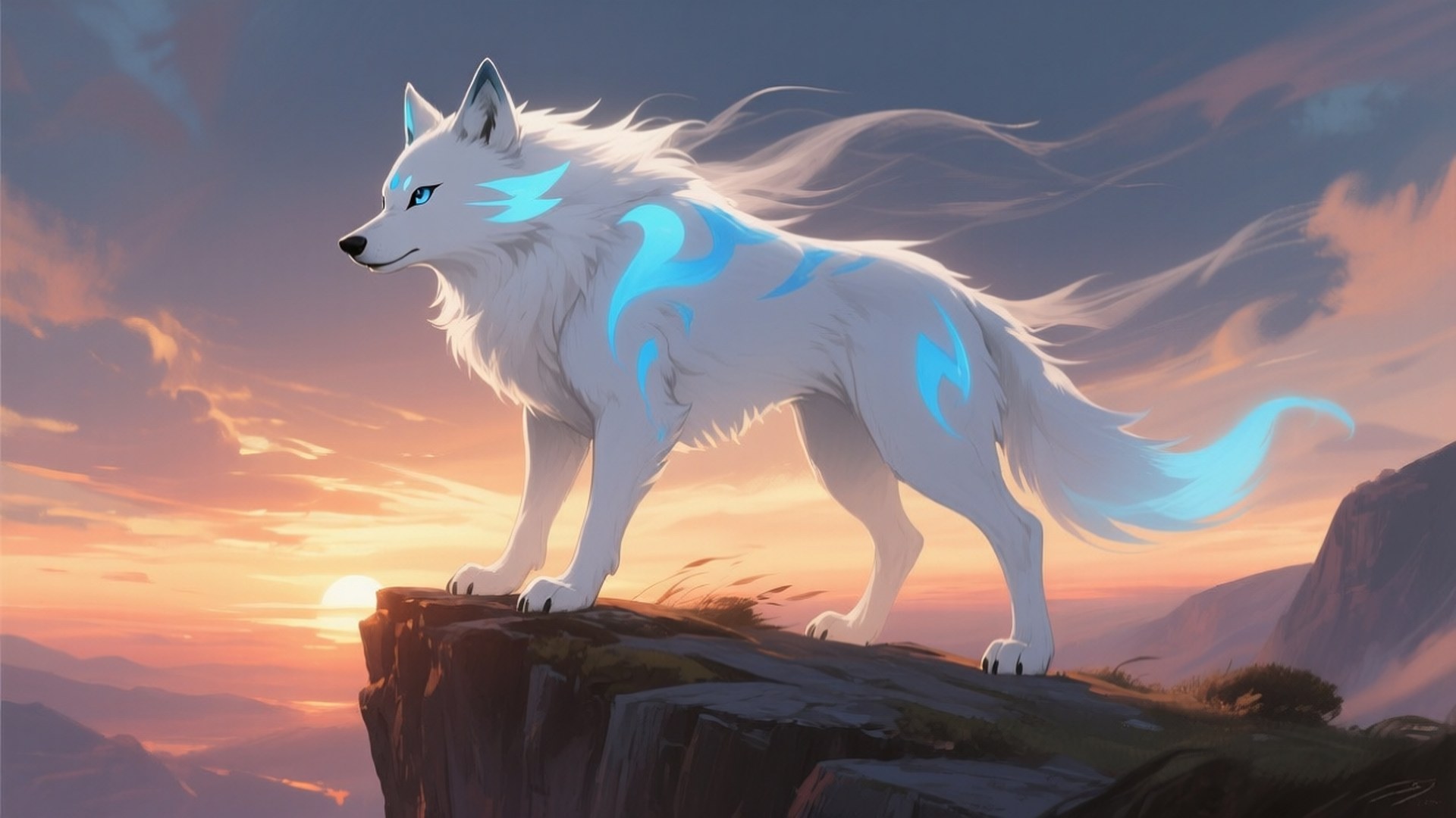 Eevee as White Wolf 壁紙 — 一隻雄偉的白狼，帶有發光的藍色標記，站在日落時分的懸崖頂上，俯瞰山巒景觀。