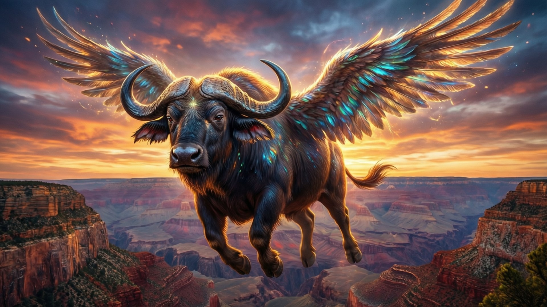 Winged Buffalo Fantasy 壁紙 — 一隻雄偉的有翼水牛在日落時分翱翔在廣闊的峽谷之上，天空呈現火橙色和紫色。