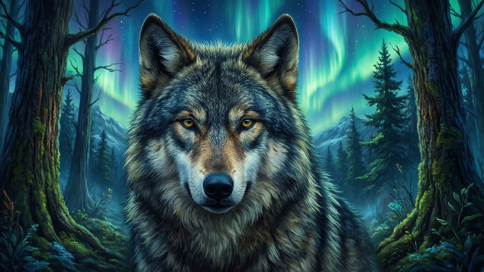 Forest Wolf Aurora 壁紙 — 一隻威嚴的狼從迷霧森林中凝視，鮮豔的綠色和紫色極光在繁星點點的夜空中舞動。