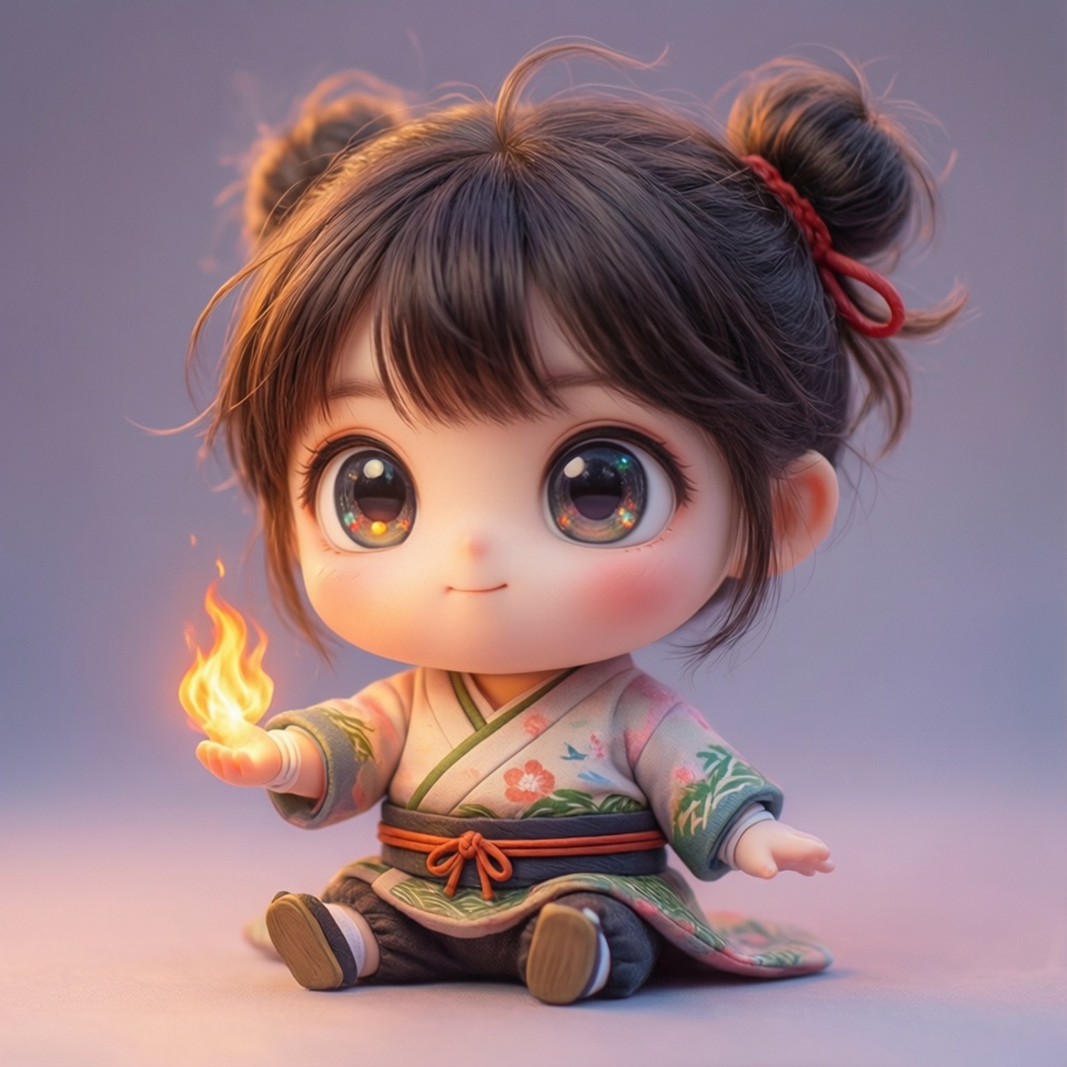 可愛迷你 Maki 壁紙 — 一個可愛的動漫風格女孩穿著花卉和服，坐在柔和的紫色背景前，手中握著一小團火焰。