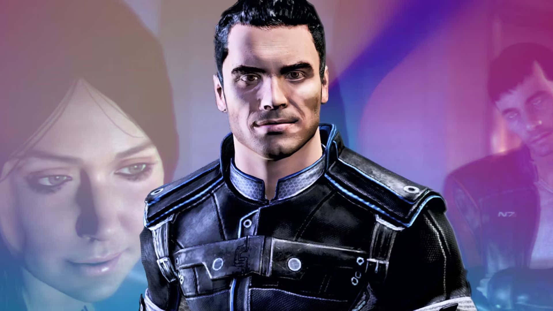 Kaidan Alenko 桌布 壁紙 — 一個身穿黑色裝甲外套的男性角色站在畫面中央，背景有模糊的女性和男性面孔，在紫藍色燈光下。