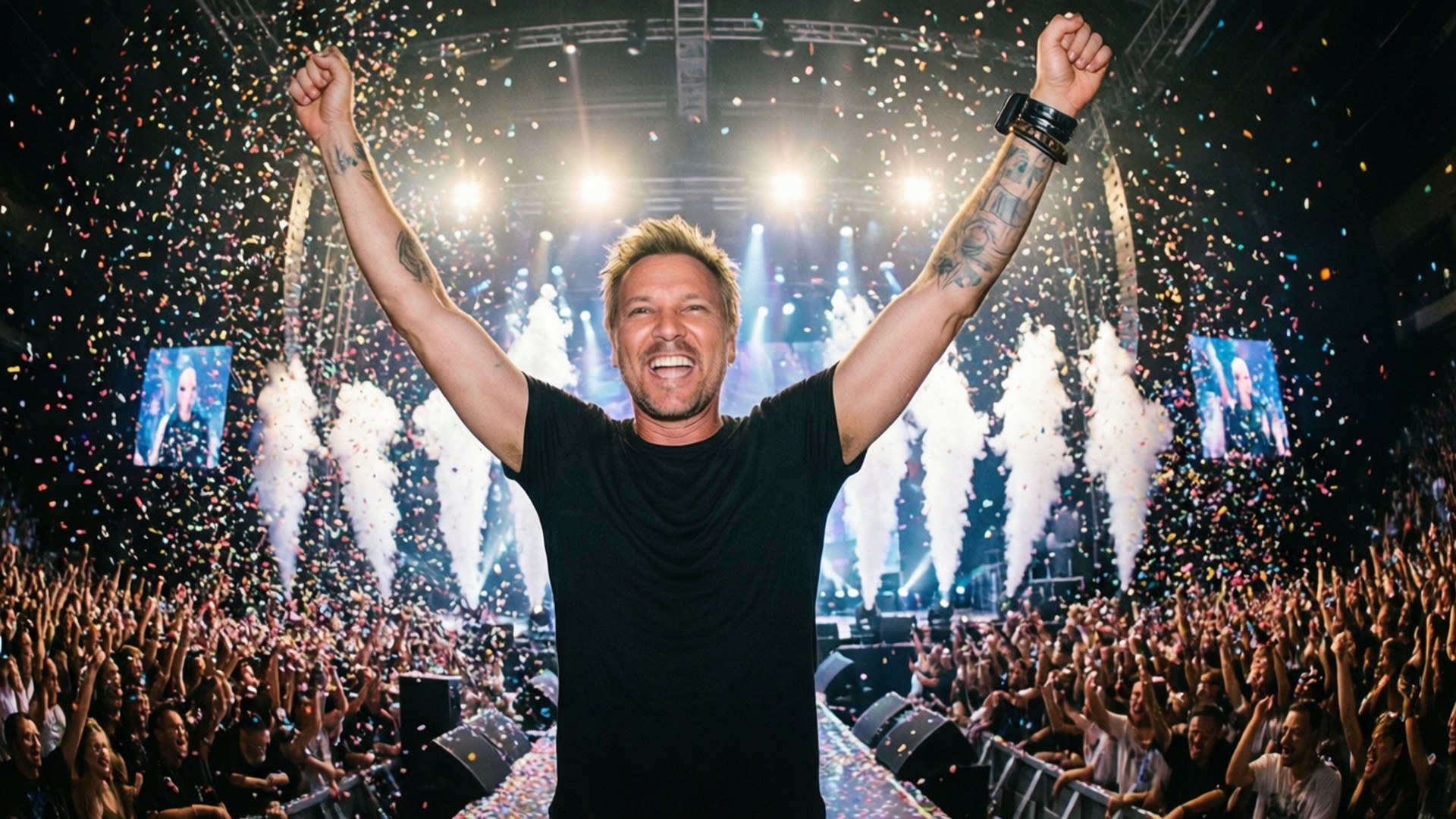 Confetti Triumph 壁紙 — 一位男性表演者在充滿活力的音樂會中，高舉雙臂慶祝勝利，周圍是飄落的五彩紙屑和歡呼的人群。