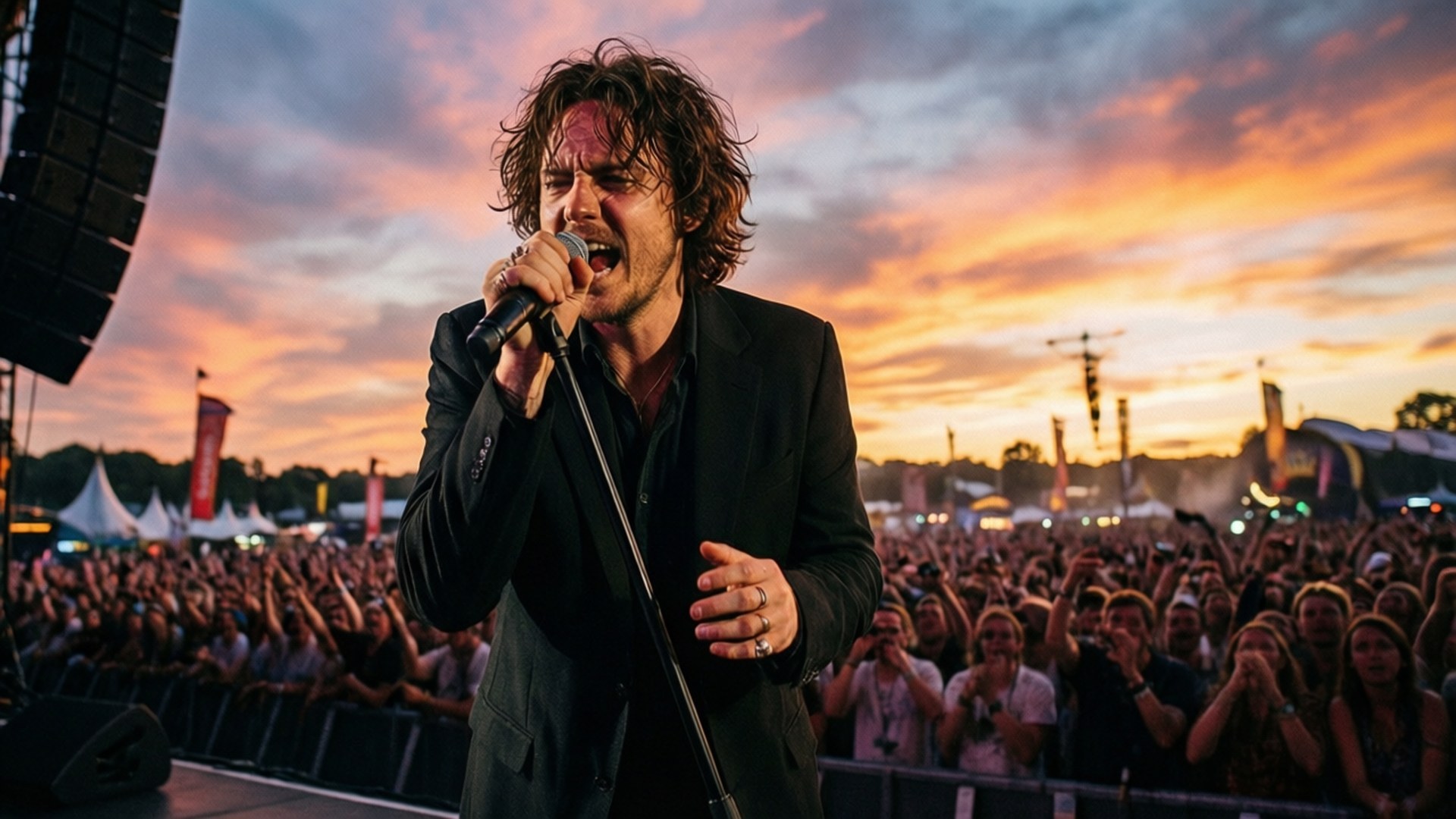 Glastonbury Sunset Performance 壁紙 — 一位身穿黑色西裝的男歌手在舞台上對著麥克風高歌，人群在火紅的夕陽天空下歡呼。