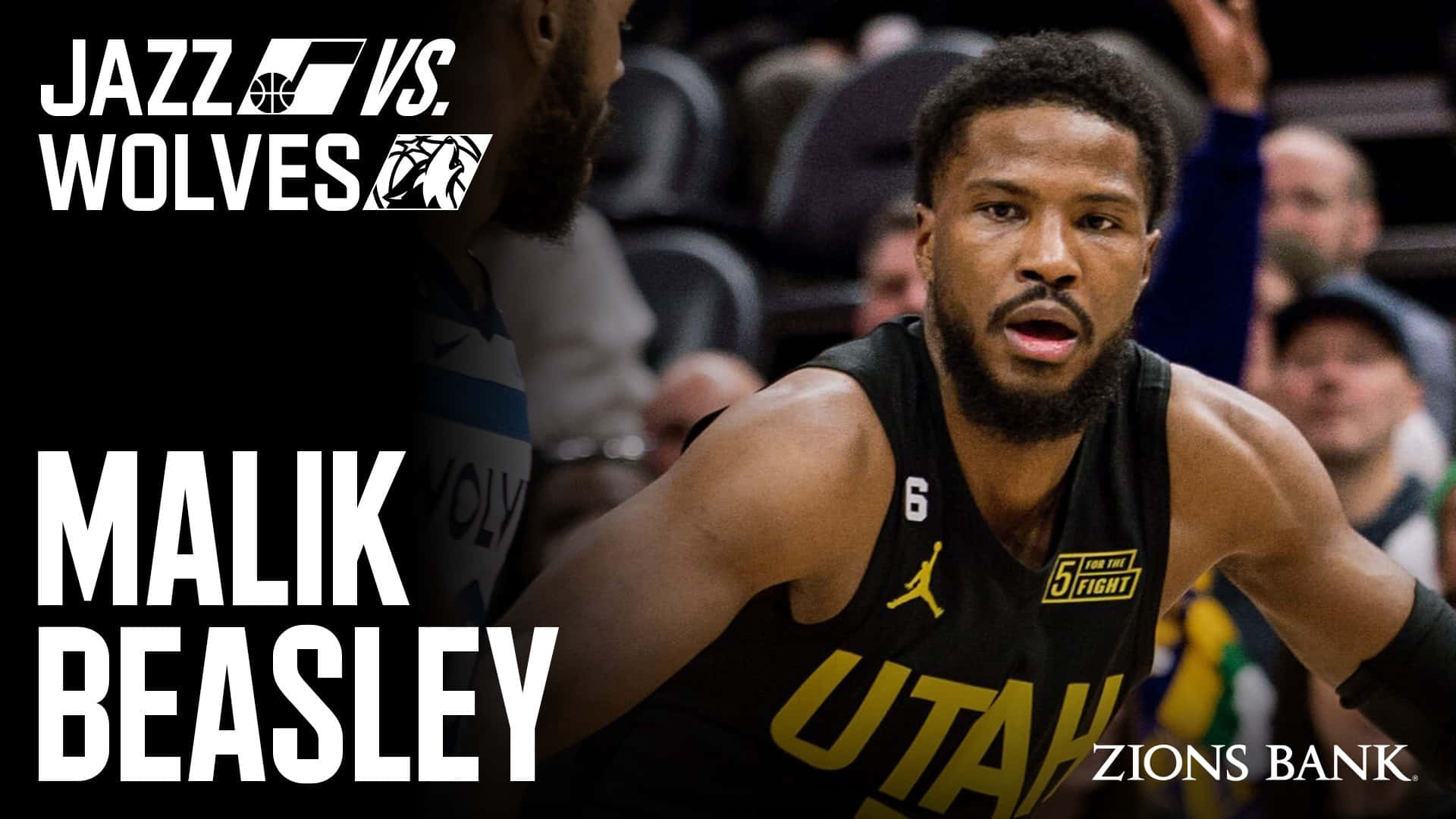 籃球 桌布 壁紙 — Malik Beasley 身穿猶他爵士隊球衣，在籃球比賽中專注投入，帶有「Jazz vs Wolves」文字覆蓋。