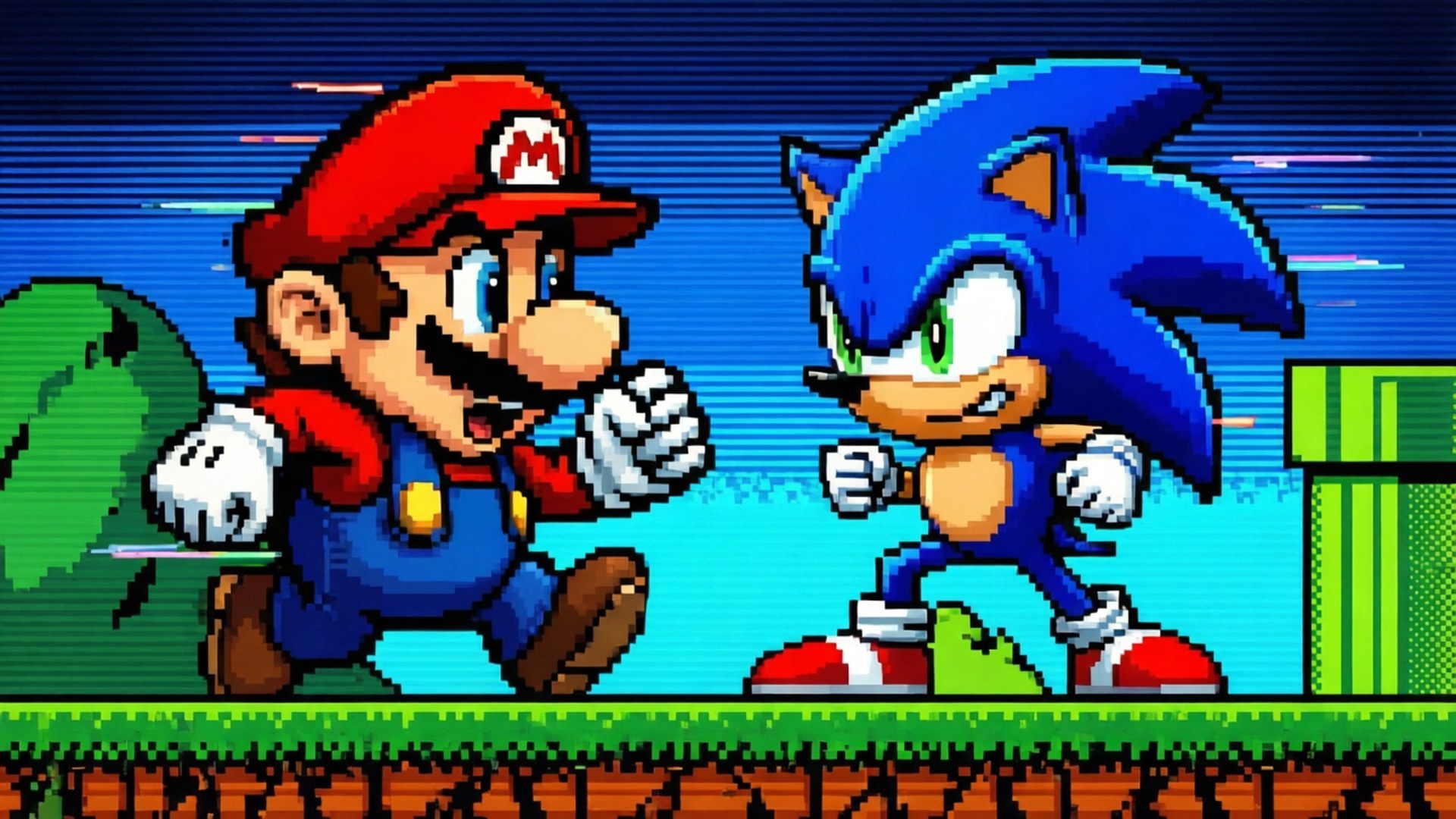 Classic Rivalry Retro 壁紙 — 瑪利歐與索尼克在條紋藍天下的一個綠色平台上進行了一場充滿活力的像素對決。