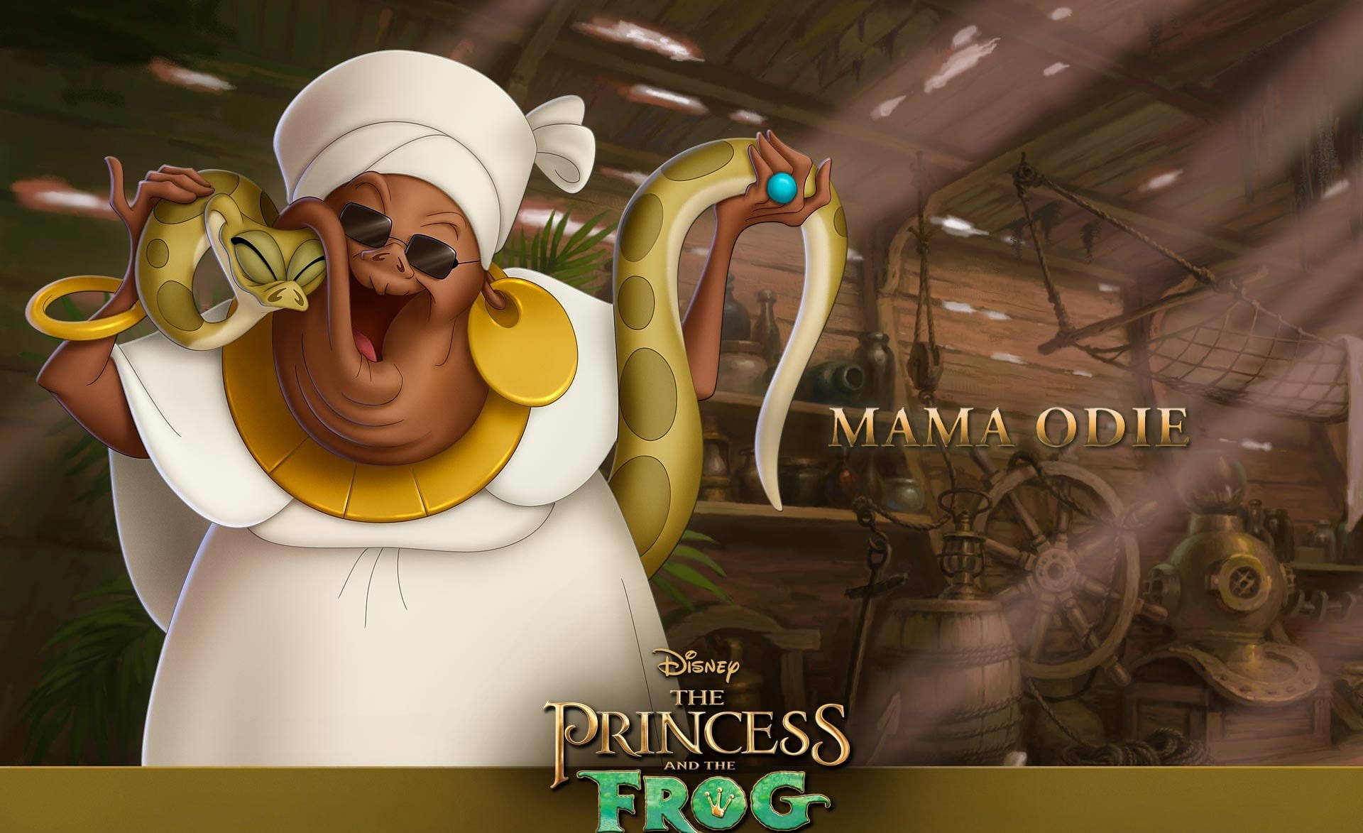 Princess 桌布 壁紙 — Mama Odie，一位戴著太陽眼鏡和一條蛇的智慧巫毒女祭司，在她充滿神秘工藝品的簡陋小屋中微笑。
