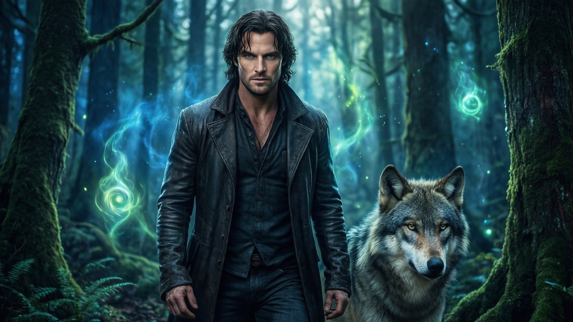 Stefan the Wolf Friend 壁紙 — 一個穿著皮夾克的男人站在一隻狼旁邊，身處迷霧籠罩的魔法森林，古老長滿苔蘚的樹木周圍有發光的綠色和藍色魔法漩渦。