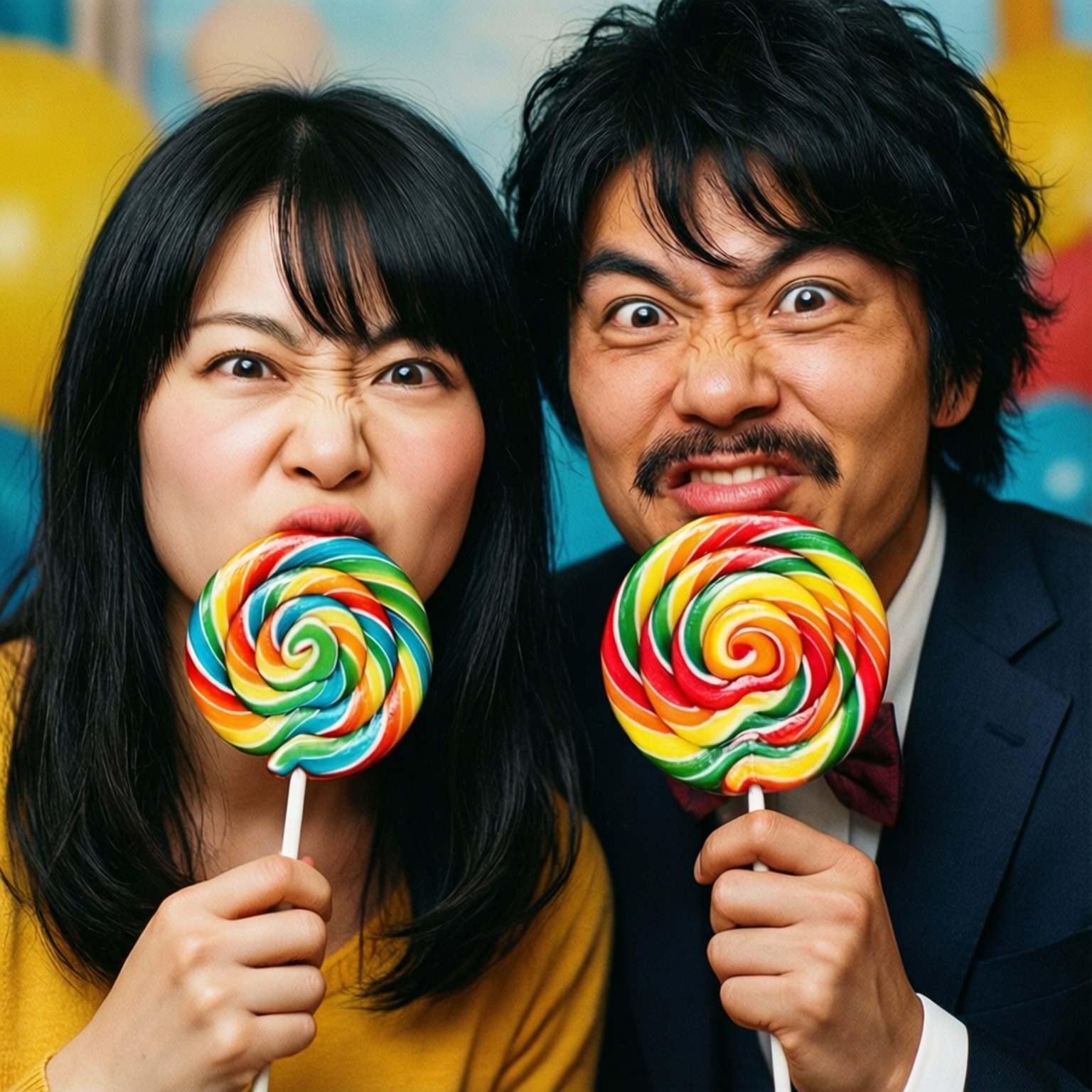 Sweet Mischief 壁紙 — 一個男人和一個女人帶著俏皮誇張的表情，在充滿活力的糖果主題背景下拿著巨大的彩色漩渦棒棒糖。