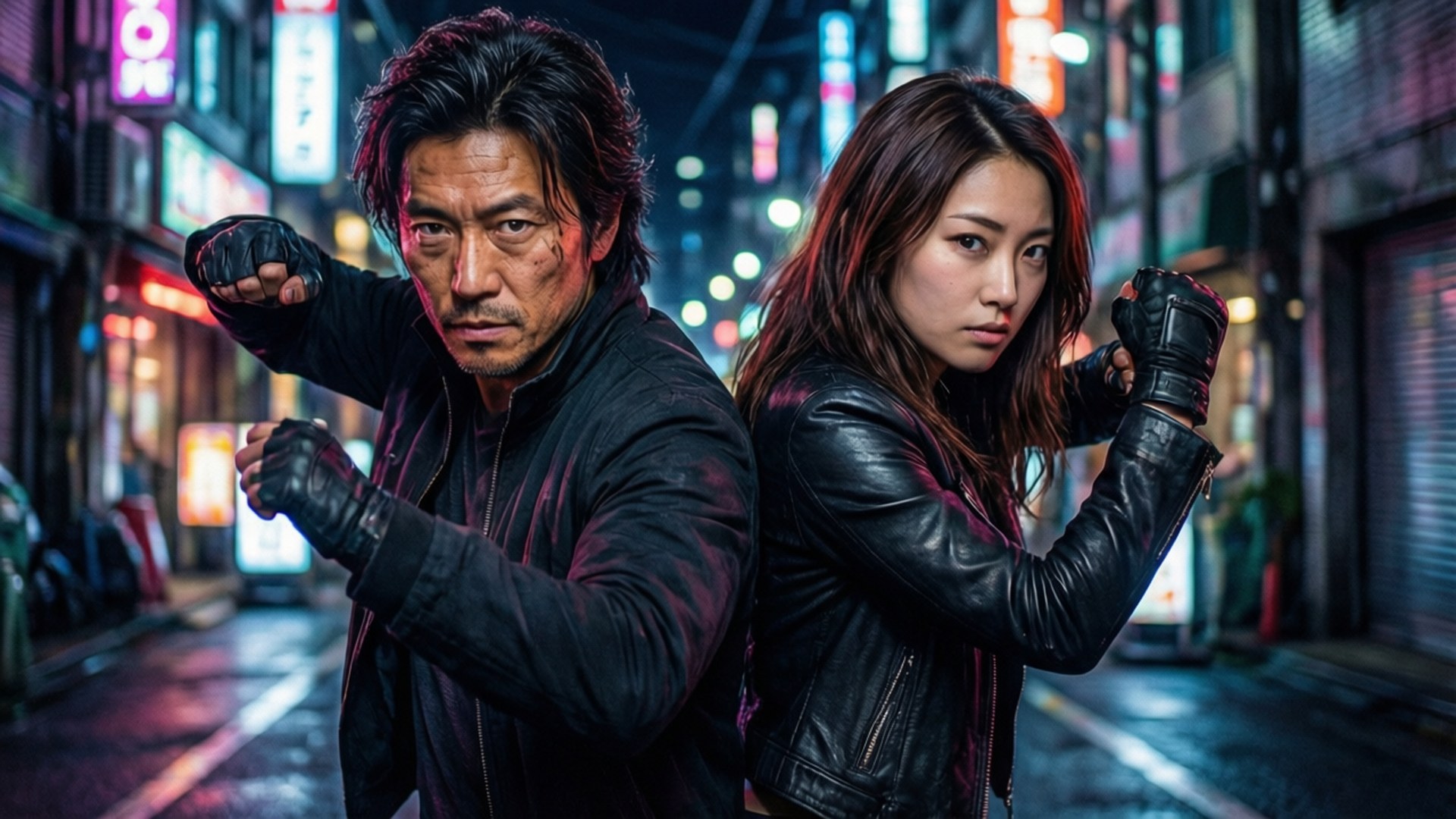Partners in Crime 壁紙 — 一男一女身穿黑色皮夾克和手套，在霓虹燈照亮、雨水浸濕的東京小巷中背靠背站立，準備戰鬥。