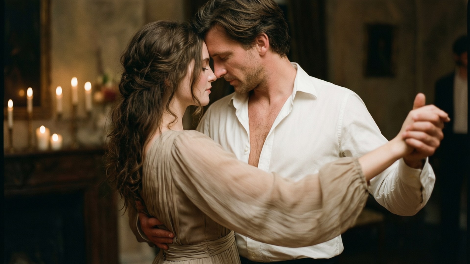 Slow Dance Passion 壁紙 — 一男一女穿著時代服裝，在溫暖的燭光下於復古房間中親密共舞。