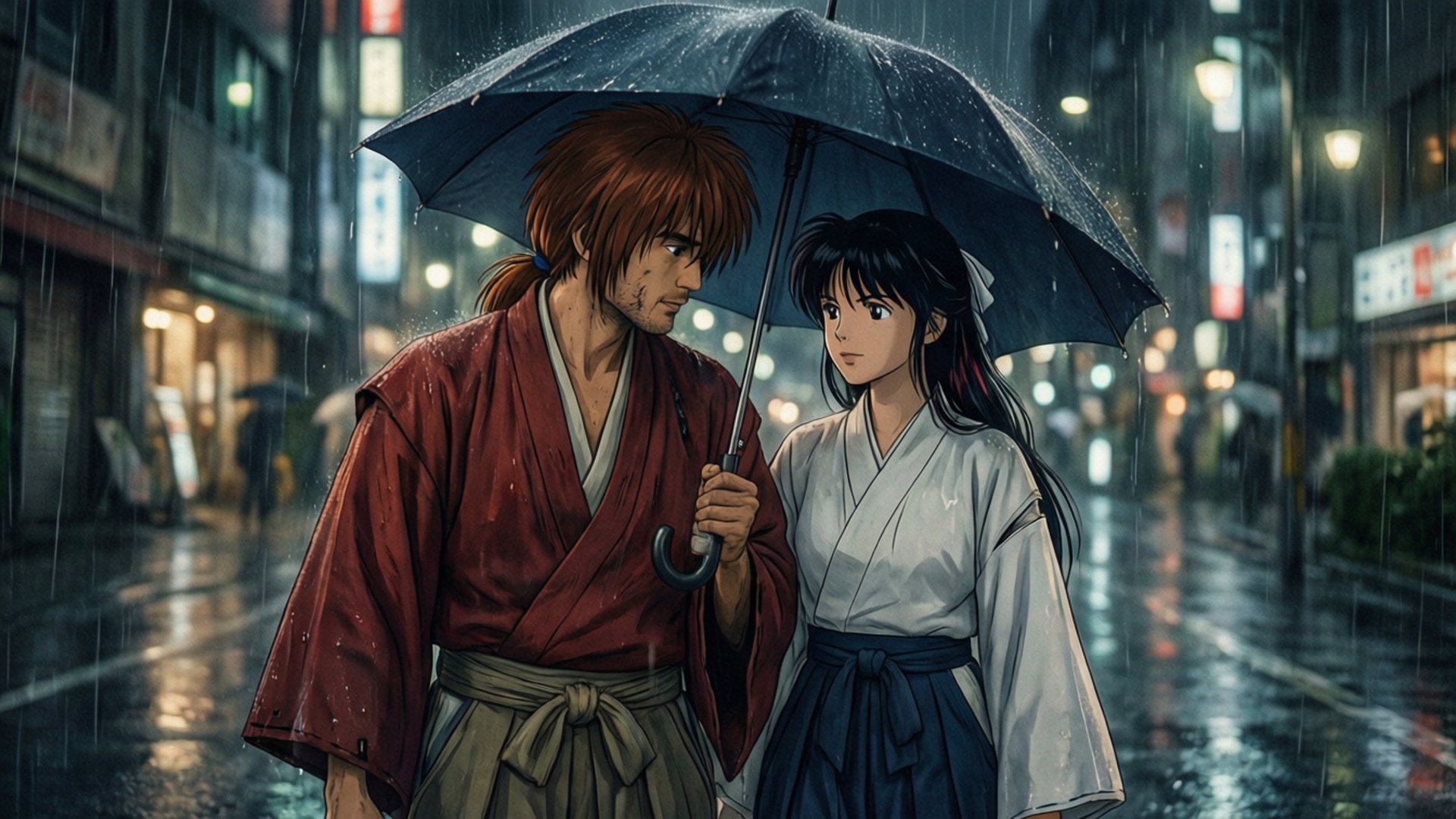 Rainy Rendezvous 壁紙 — 一男一女身穿傳統長袍，在夜間霓虹燈照亮的城市街道上，在傾盆大雨中共享一把黑色雨傘。