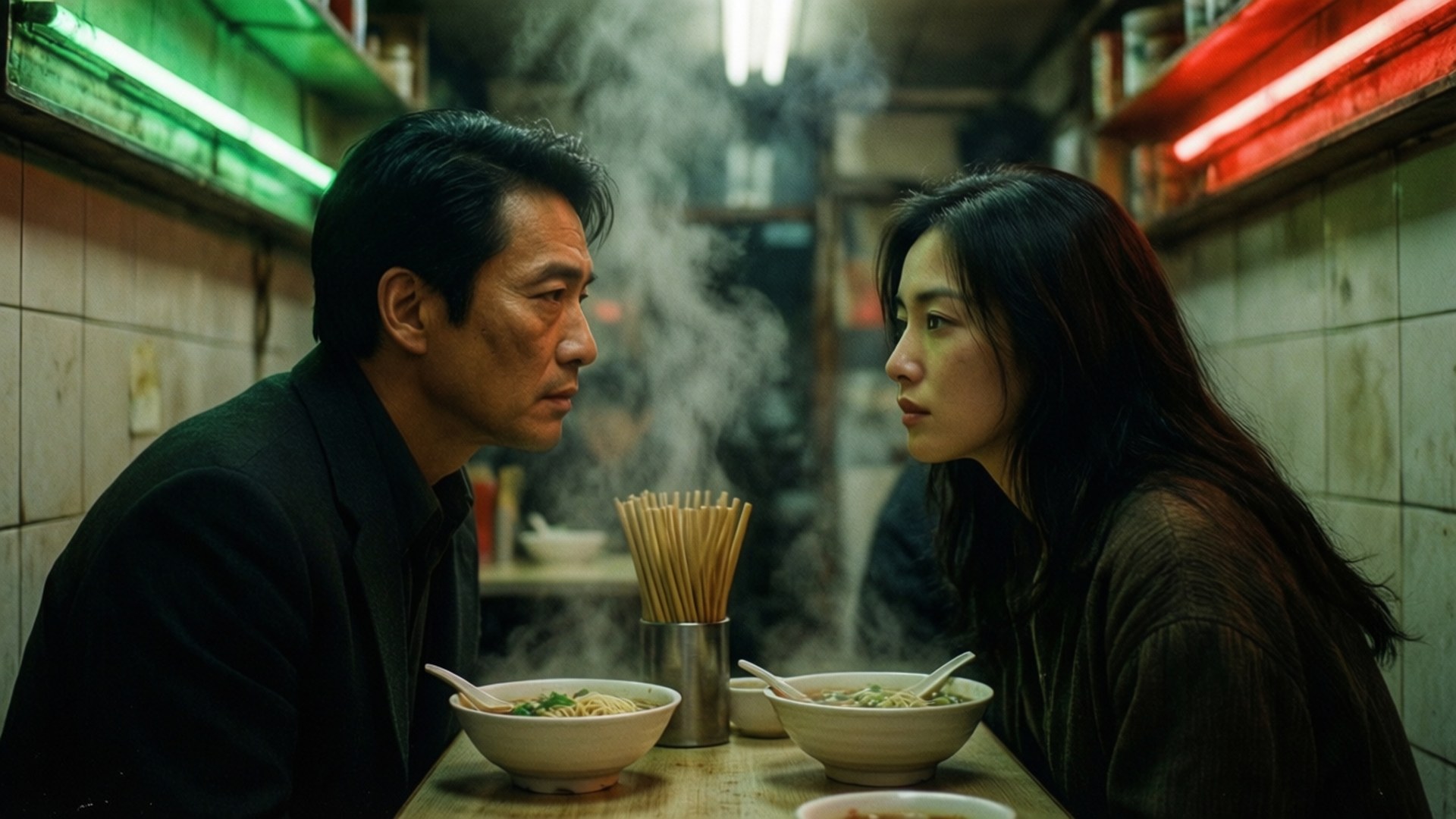 Wong Kar-wai 桌布 壁紙 — 一男一女在昏暗的霓虹燈小巷餐廳裡，隔著一碗熱氣騰騰的麵，進行激烈的無聲凝視。