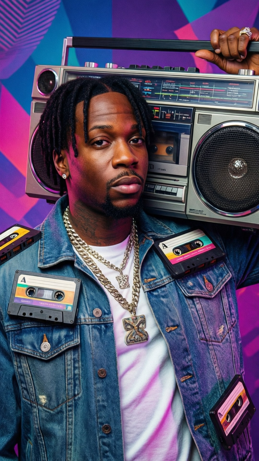 Retro Boombox 壁紙 — 一個留著辮子頭的男人，在充滿活力的幾何背景前，肩上扛著一個音箱。