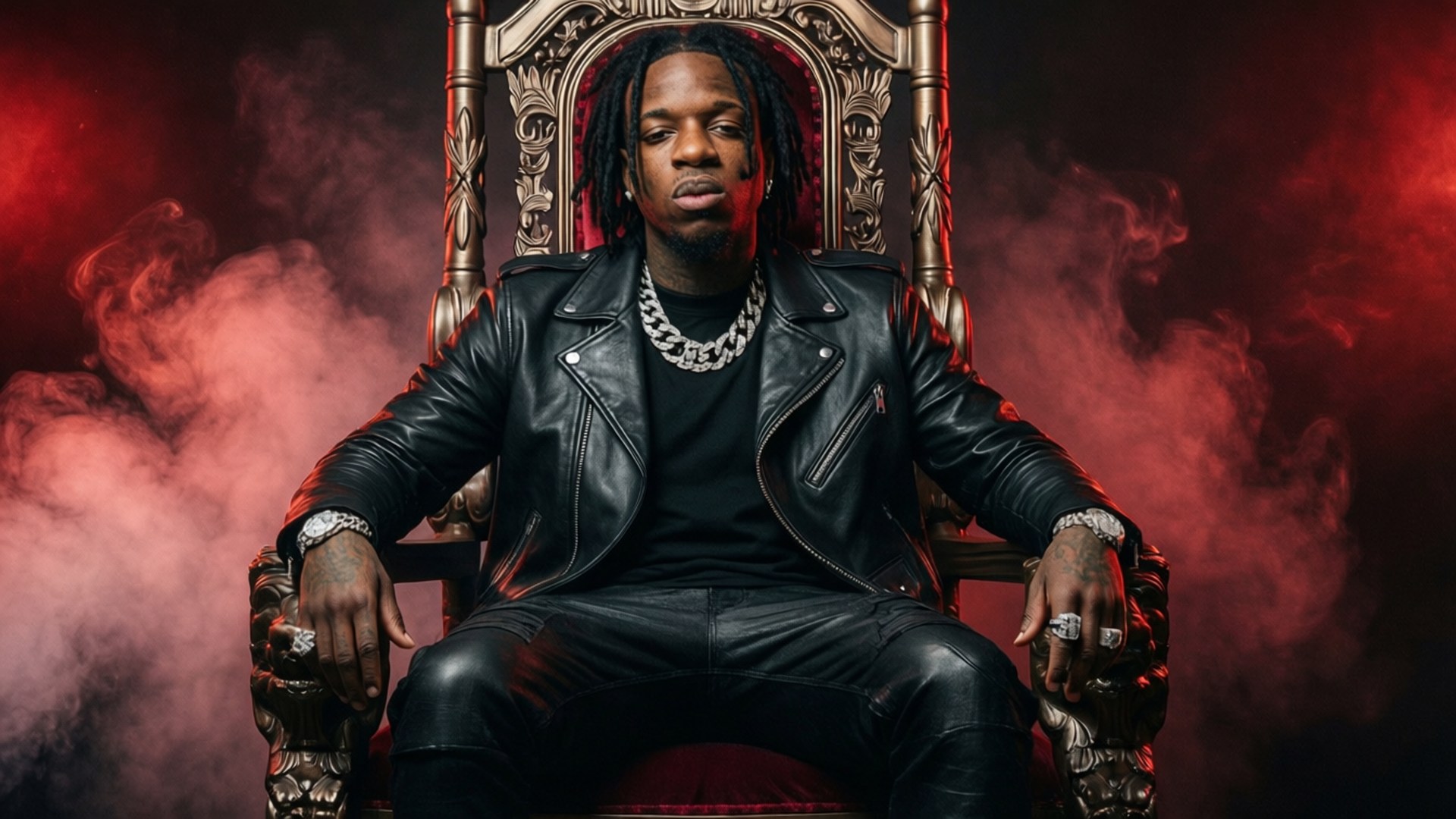 Leather Throne 壁紙 — 一個留著辮子頭的男人威嚴地坐在華麗的寶座上，身穿黑色皮夾克和粗鏈條項鍊，周圍環繞著紅色煙霧。