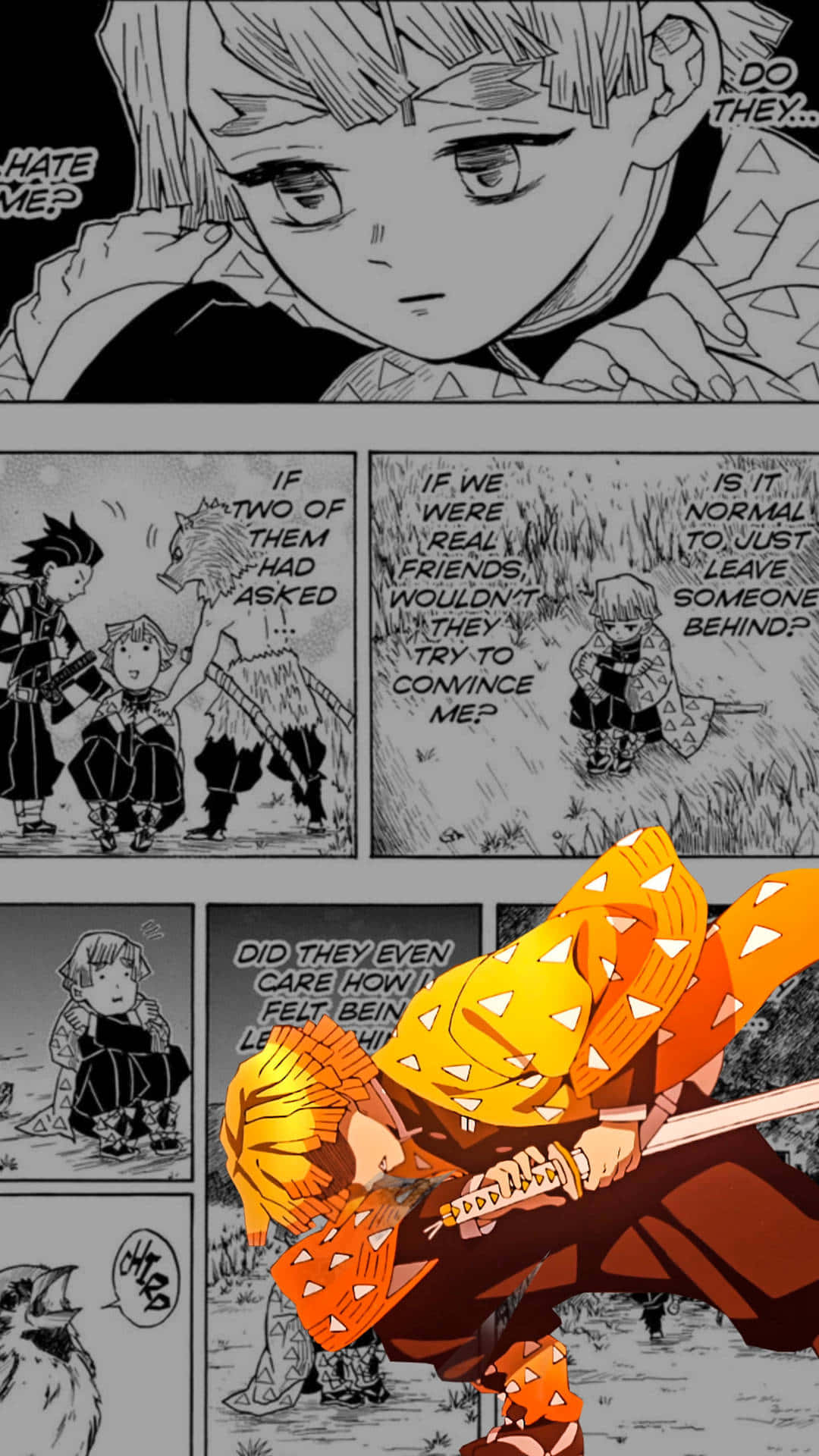  壁紙 — 一個漫畫面板顯示一個穿著橙色和服、帶有白色三角形的年輕男孩手持劍，而其他角色在灰階面板中質疑友誼和遺棄。