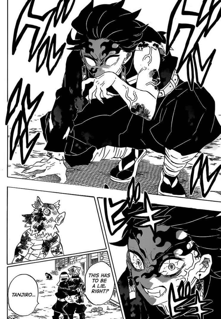  壁紙 — 一個漫畫面板顯示一個惡魔，頭髮狂野，眼睛發光，處於緊張時刻，周圍是動態的黑白線條。