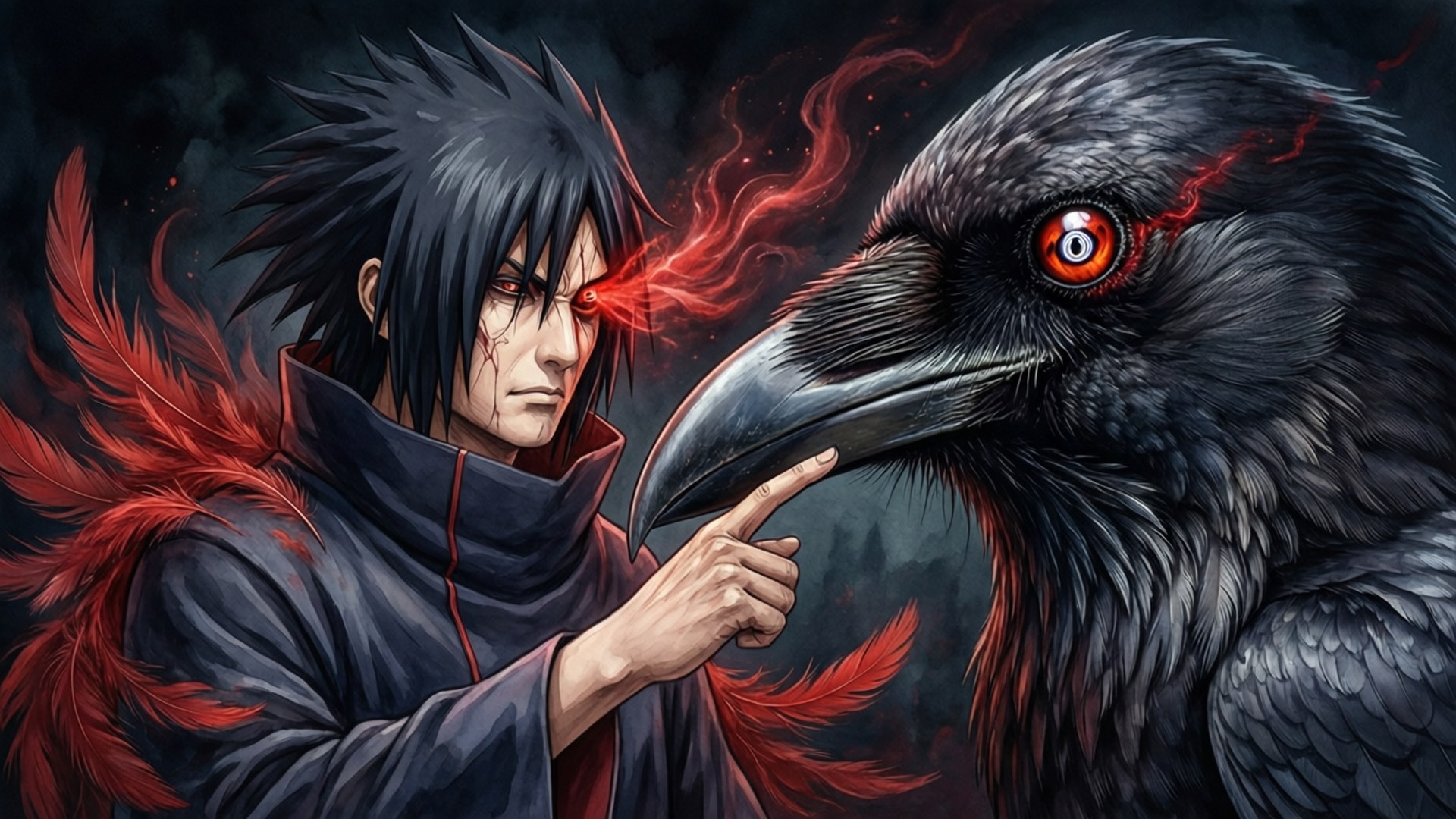 Crow of Tsukuyomi 壁紙 — 一個黑髮男人穿著帶有紅色羽毛的黑色斗篷，指著一隻在暴風雨背景下眼睛發紅光的烏鴉。