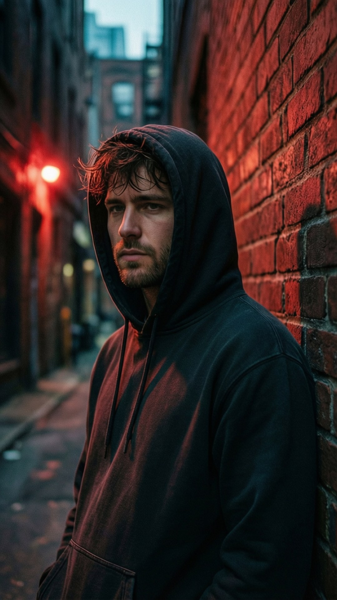 Alley Neon Noir 壁紙 — 一個穿著黑色連帽衫的男人靠在一條狹窄小巷的紅磚牆上，小巷被發光的紅色路燈照亮。