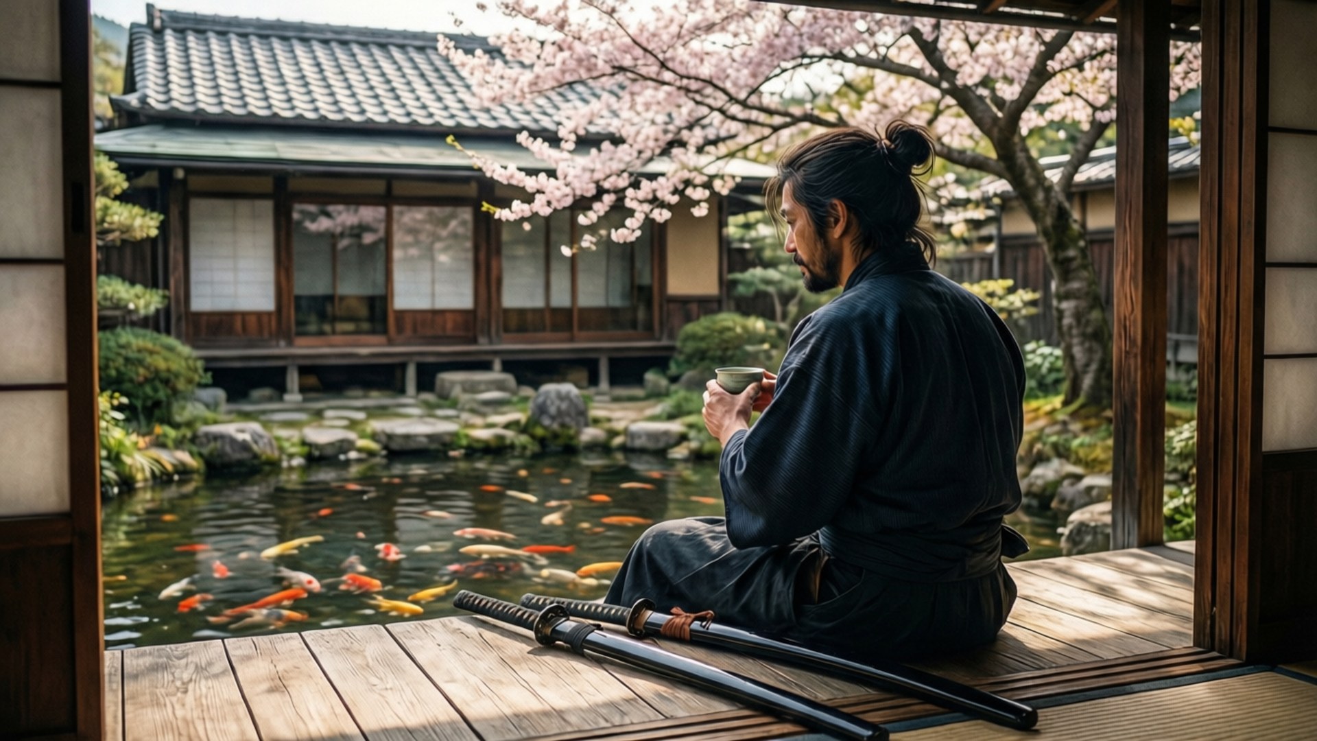 Ronin 桌布 壁紙 — 一名身穿黑色和服的男子坐在木製陽台上品茶，錦鯉在盛開的櫻花下的池塘中游動。