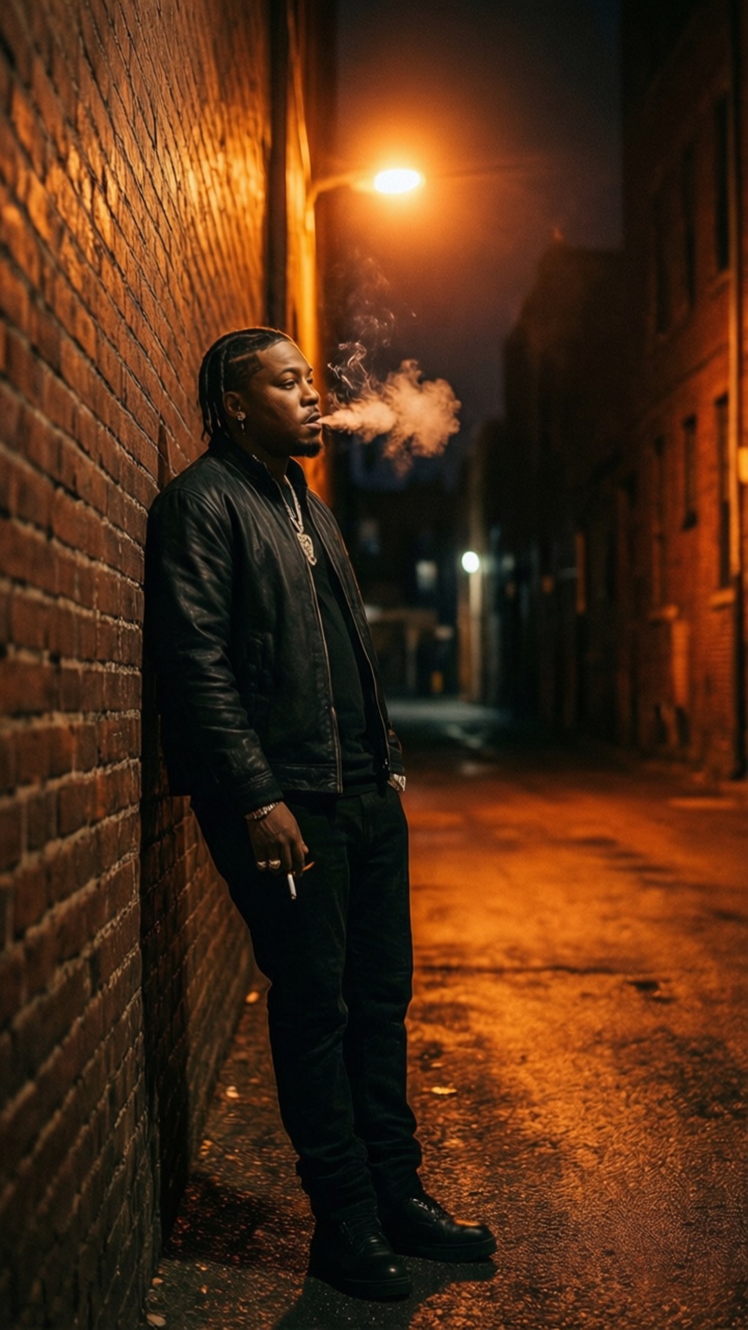 Alley Smoke 壁紙 — 一個穿著黑色皮夾克的男人在昏暗的小巷中靠著磚牆，在溫暖的路燈下呼出煙霧。
