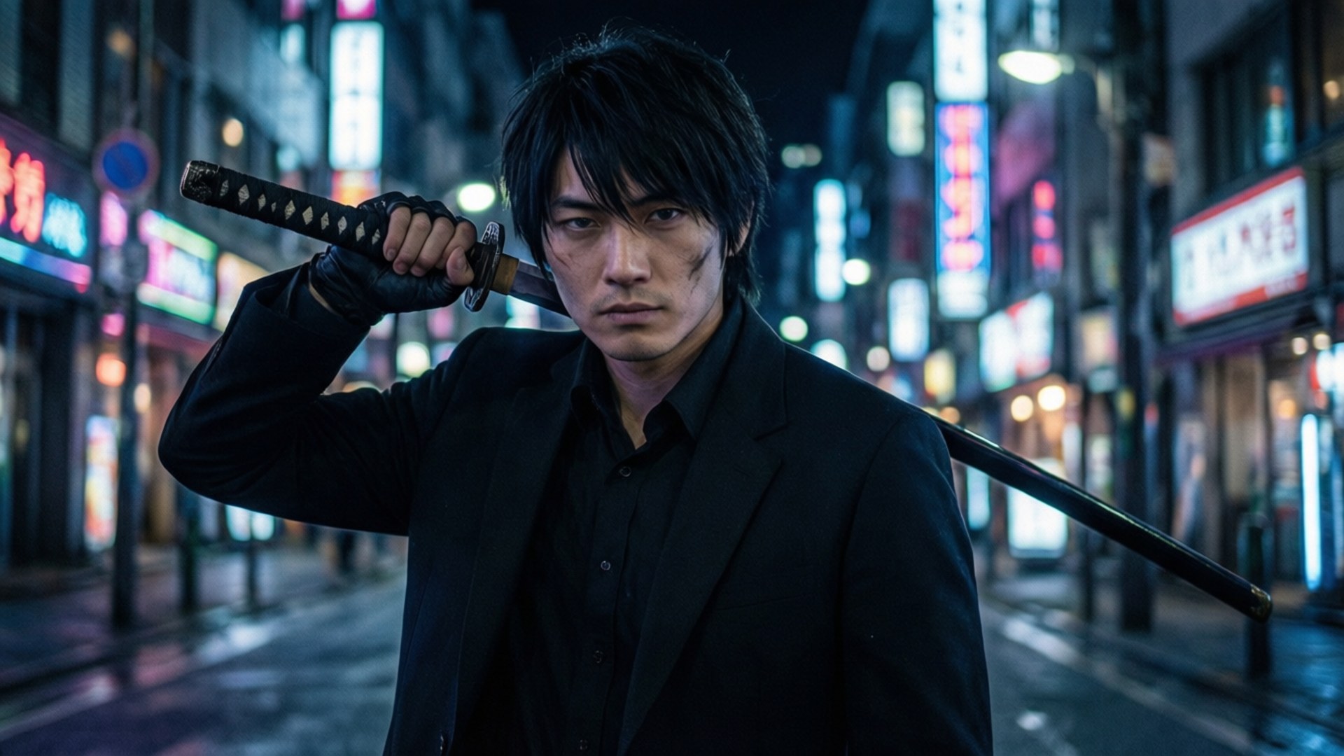Neon Samurai 壁紙 — 一個穿著黑色西裝的男人在夜晚霓虹燈閃爍的東京街道上將武士刀扛在肩上。