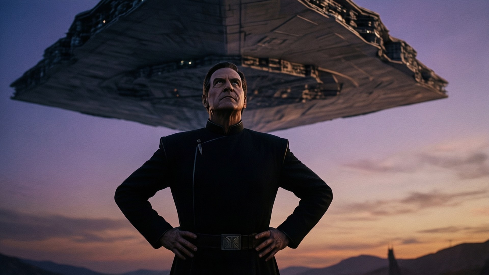 ben mendelsohn 桌布 壁紙 — 一名身穿黑色制服的男人在暮色天空下自信地站在巨大的星際毀滅者下方。