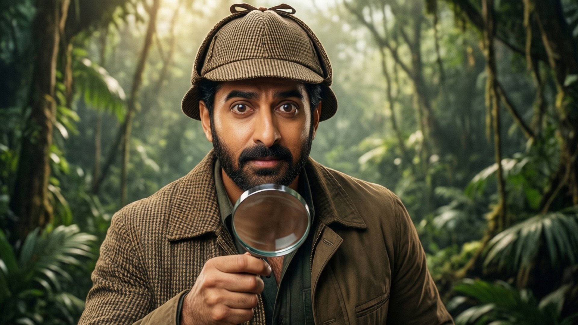 Jagga Jasoos Adventure 壁紙 — 一名戴著棕色獵鹿帽和外套的男子在霧氣瀰漫的叢林中手持放大鏡。