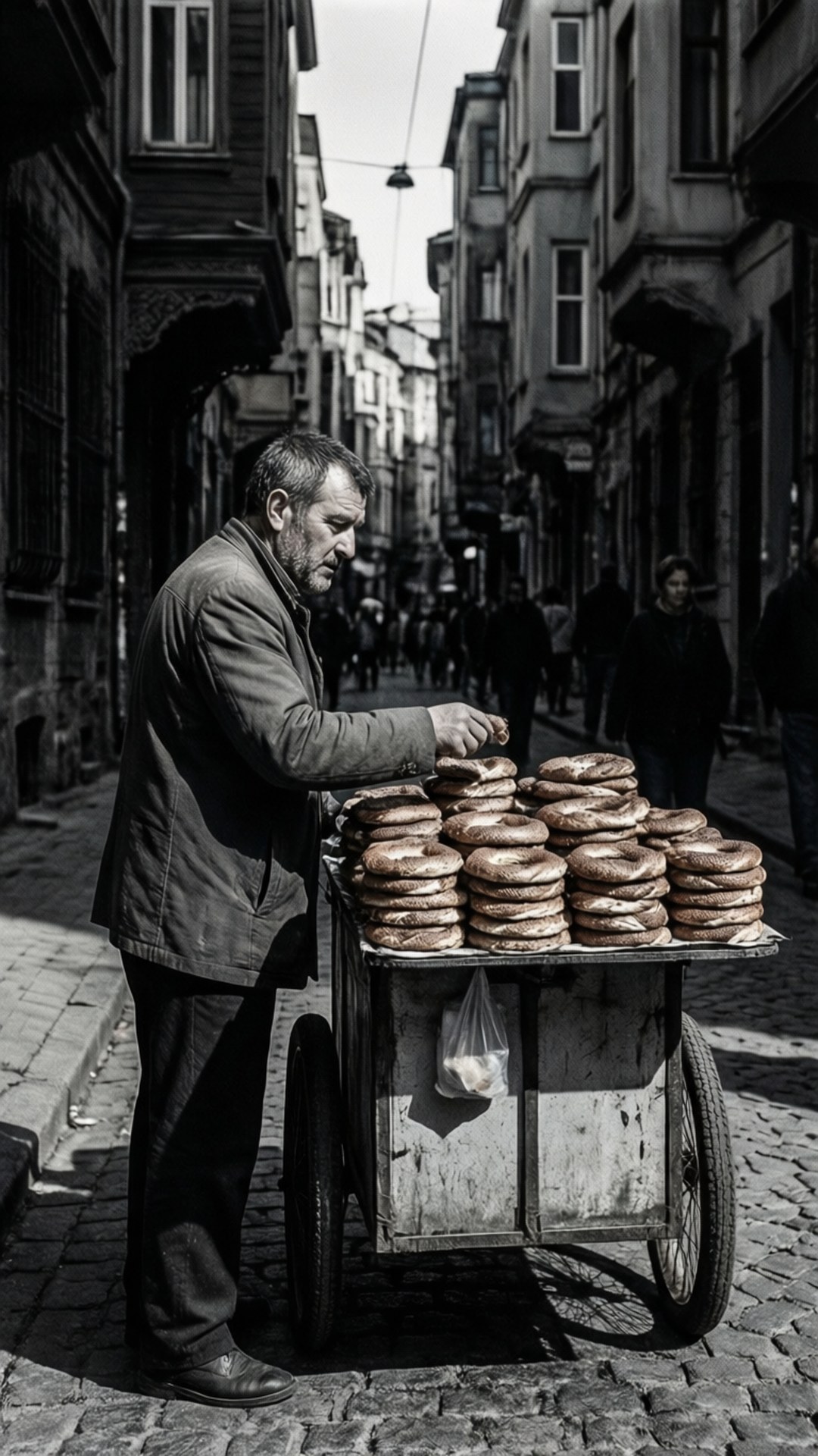 Simit Seller 壁紙 — 一個穿著外套的男人站在一輛堆滿貝果的手推車旁，位於一條兩旁是舊建築的鵝卵石街道上。