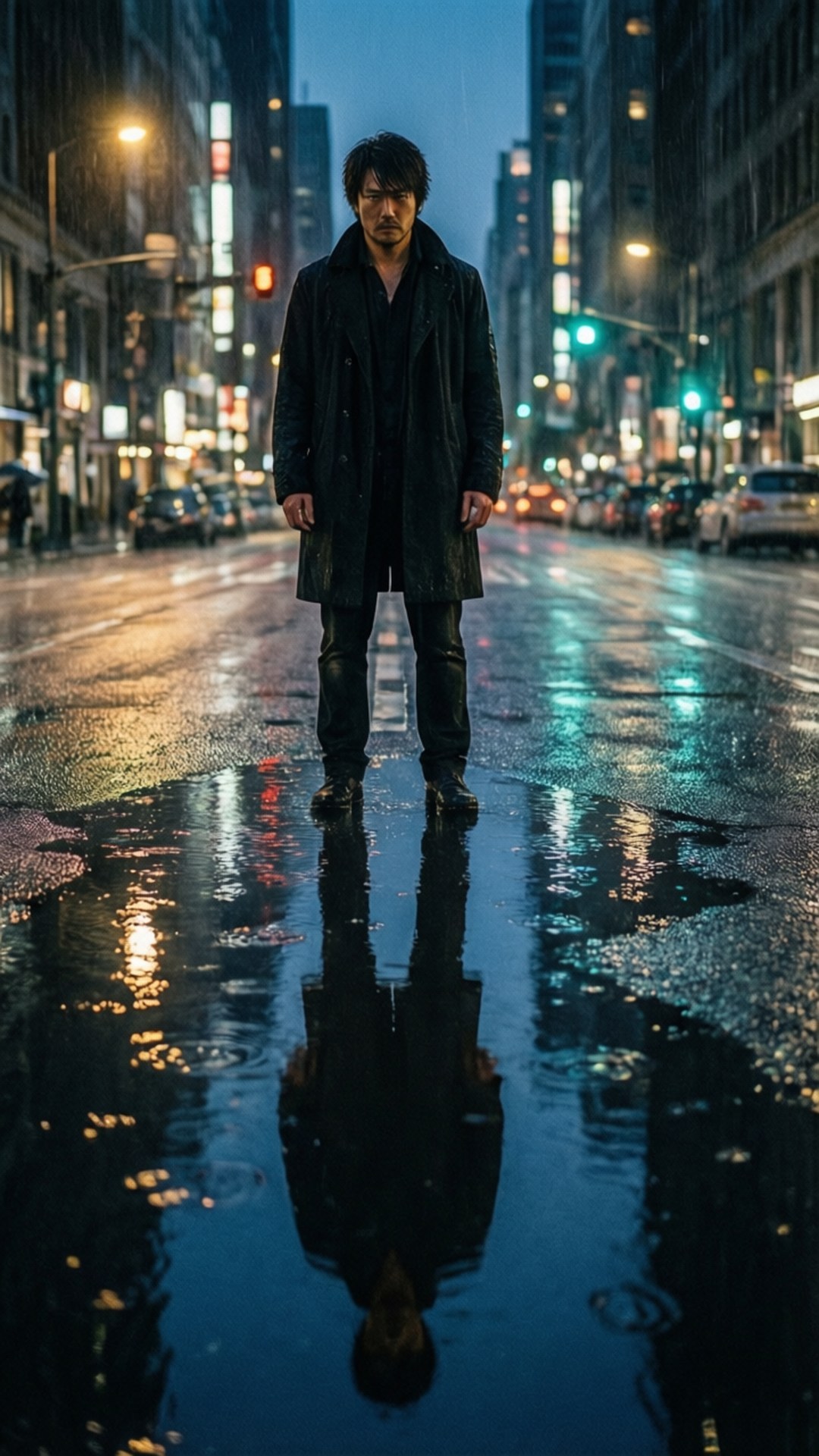 Joe's Reflection in Puddle 壁紙 — 一個穿著深色外套的男人獨自站在被雨水浸濕的城市街道上，他的倒影映照在霓虹燈下的一個大水窪中。