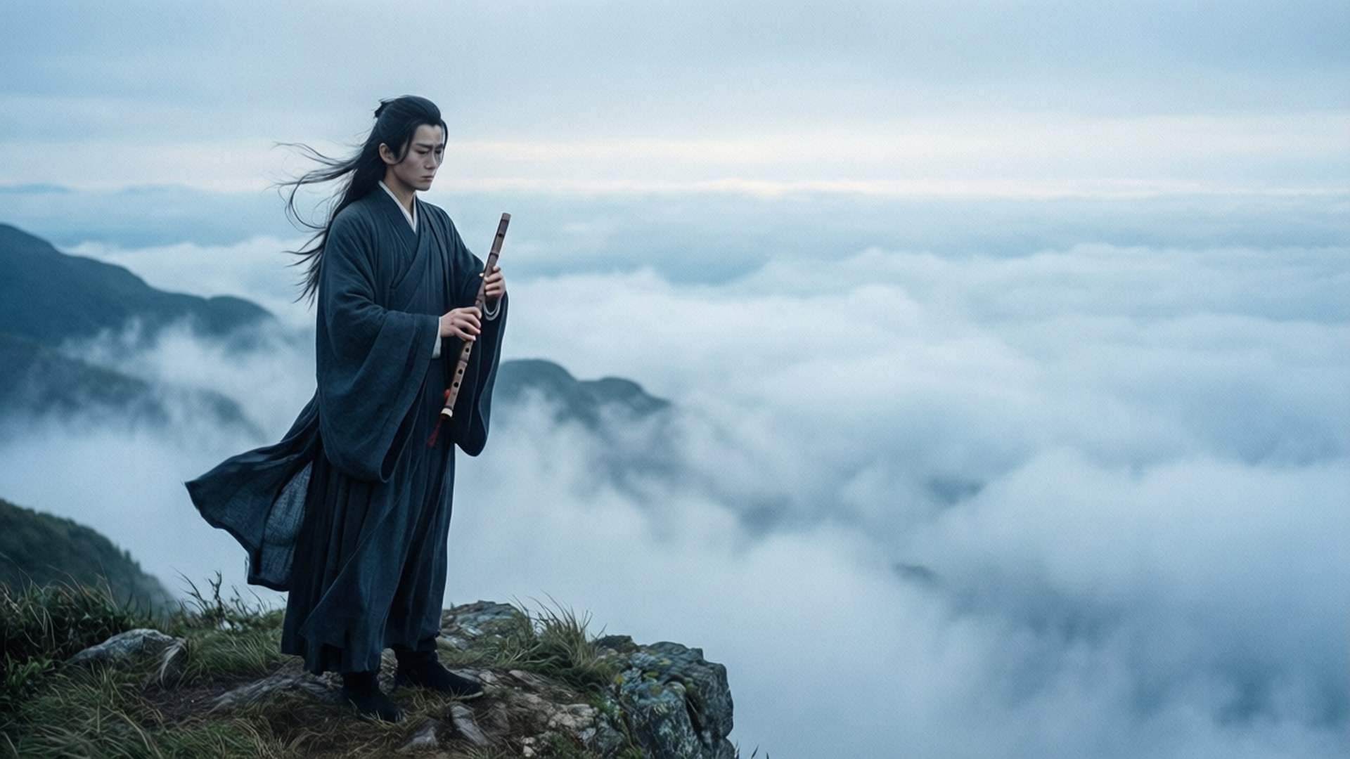 Solitary Zewu-Jun 壁紙 — 一名身穿深色傳統長袍的男子站在霧氣繚繞的山頂上，手持長笛，雲霧在下方翻湧。