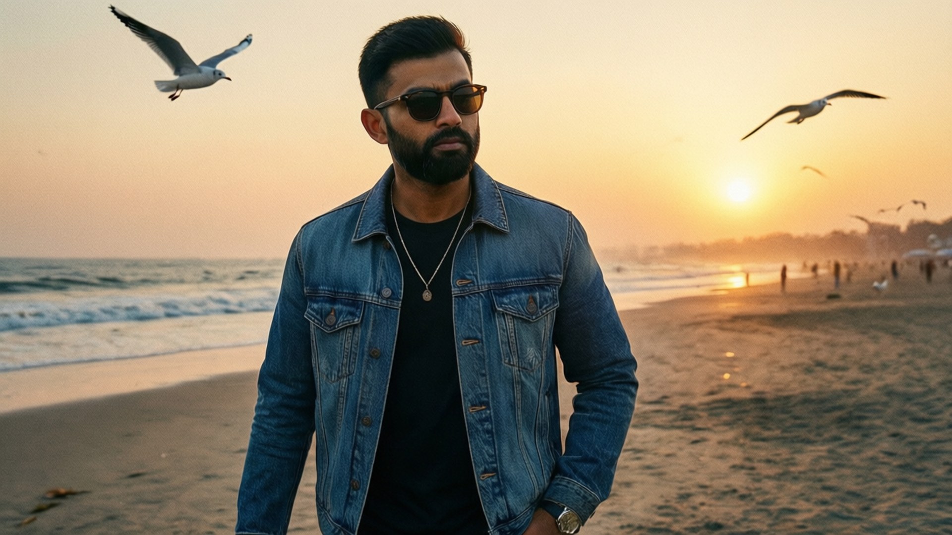Beach Vibes Virat Kohli 壁紙 — 一個穿著牛仔外套和太陽眼鏡的男人站在沙灘上，夕陽西下，海鷗在頭頂飛翔。