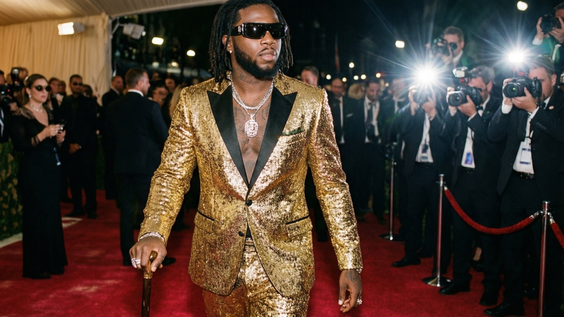 Red Carpet Bling 壁紙 — 一名身穿閃亮金色亮片西裝的男子自信地走在紅地毯上，兩旁是攝影師和圍觀者。