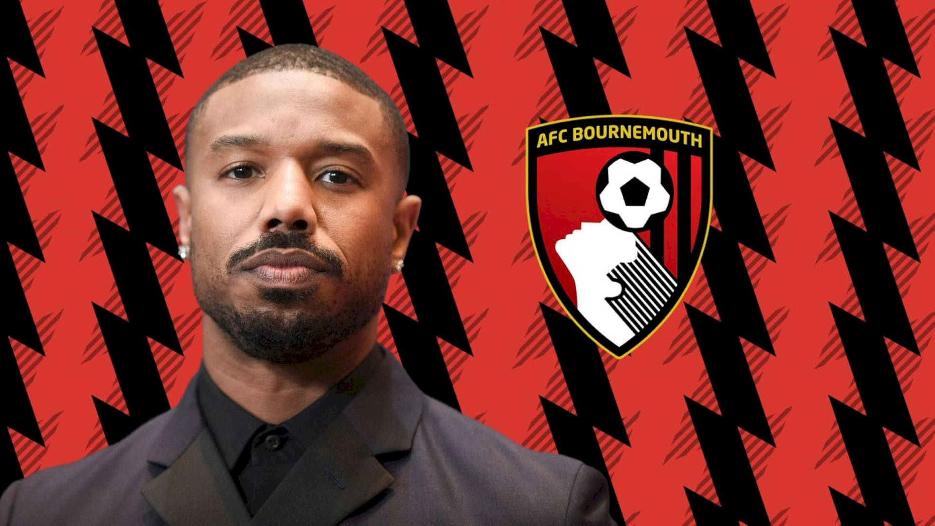 西裝男子在紅黑鋸齒紋背景前，帶有AFC Bournemouth徽章。 — Jordan Logo 壁紙