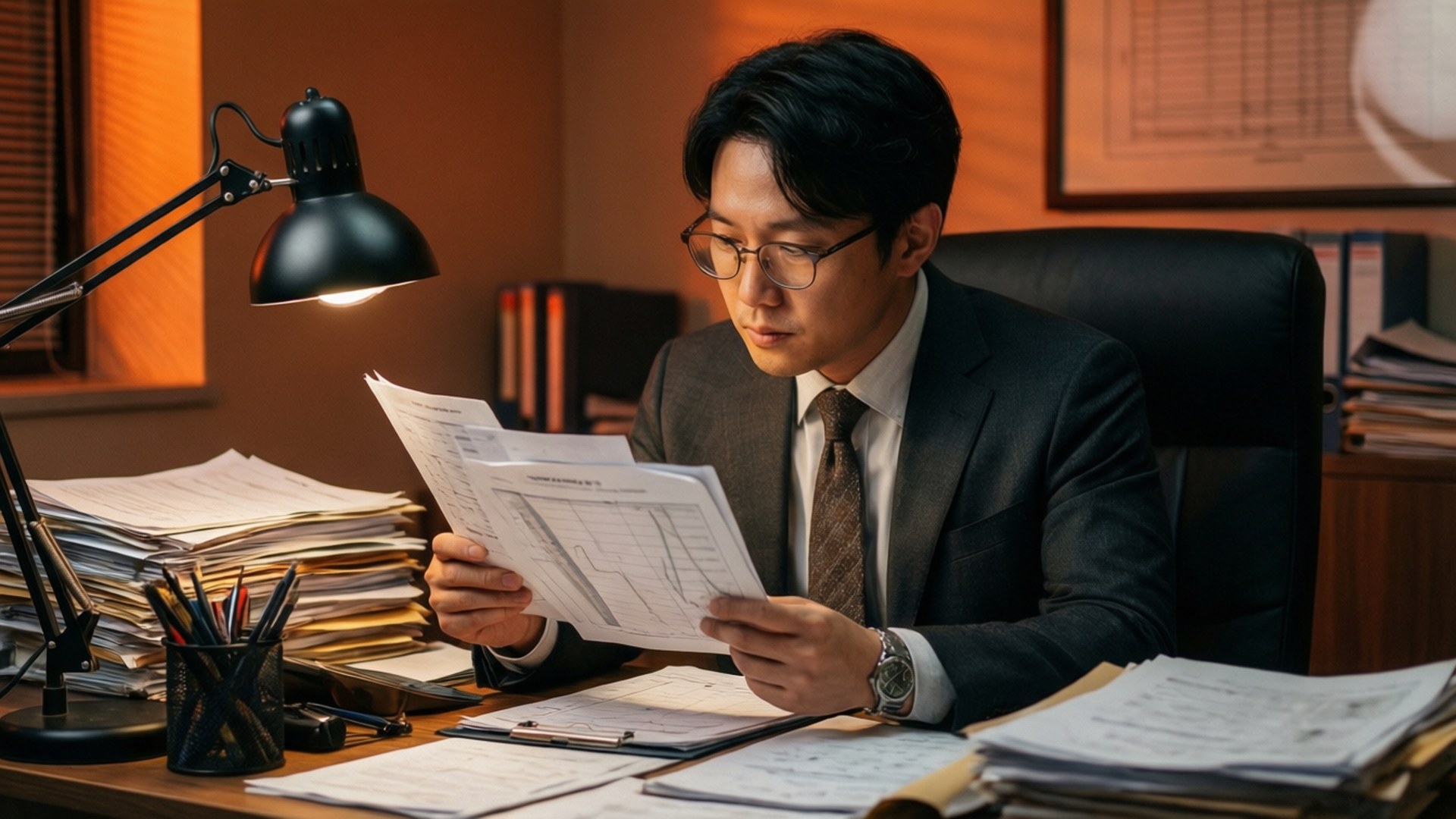 Late Night Paperwork 壁紙 — 一名身穿西裝、戴眼鏡的男子在雜亂的辦公室裡，在溫暖的燈光下，專注地審閱檯燈下的文件。
