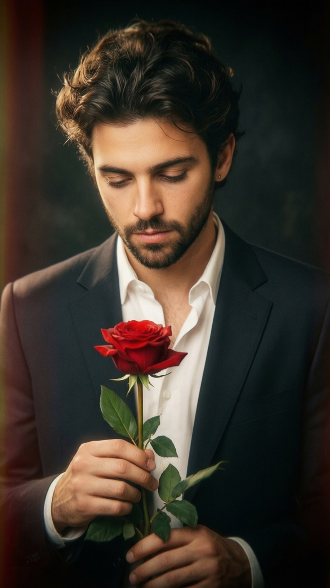 Romantic Rose 壁紙 — 一位身穿深色西裝的男子，在陰鬱的背景中，以溫柔的目光手持一朵紅玫瑰。