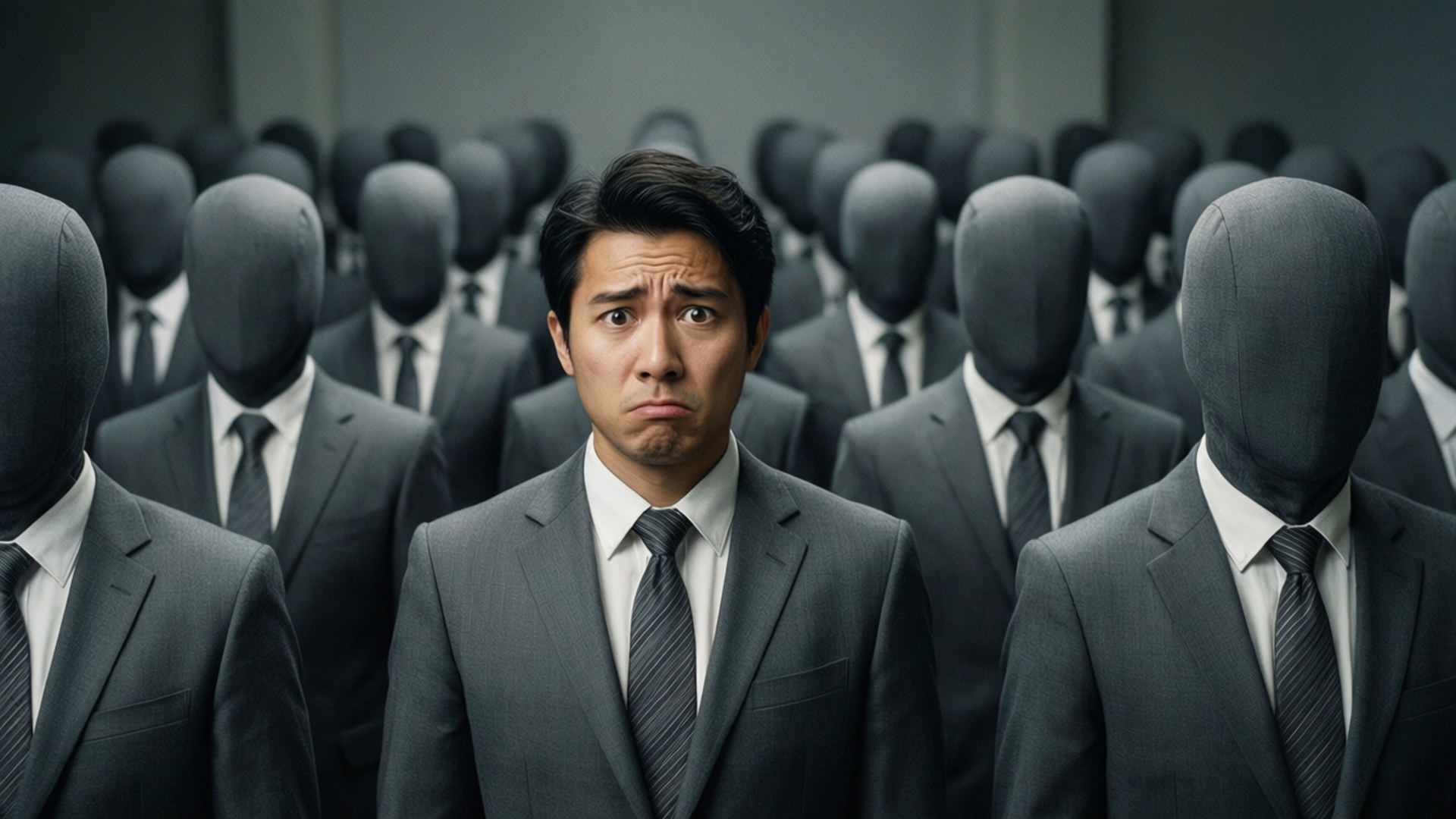 Existentialism 桌布 壁紙 — 一名身穿西裝的男子在昏暗的灰色房間中被相同戴面具的人物包圍，顯得驚慌。